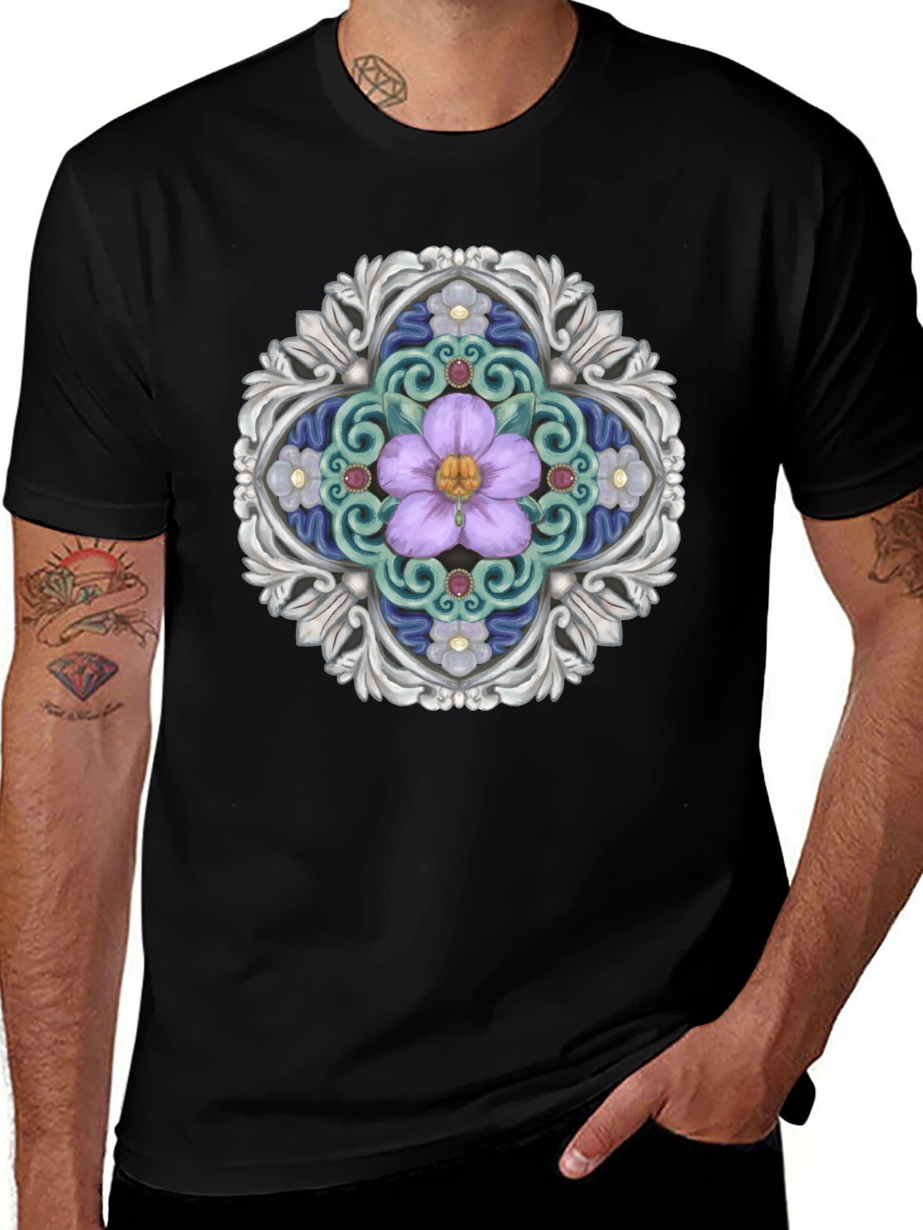 Variant 5 of Floral Medallion Graphic Tee - Stylish Men's Black T-Shirt