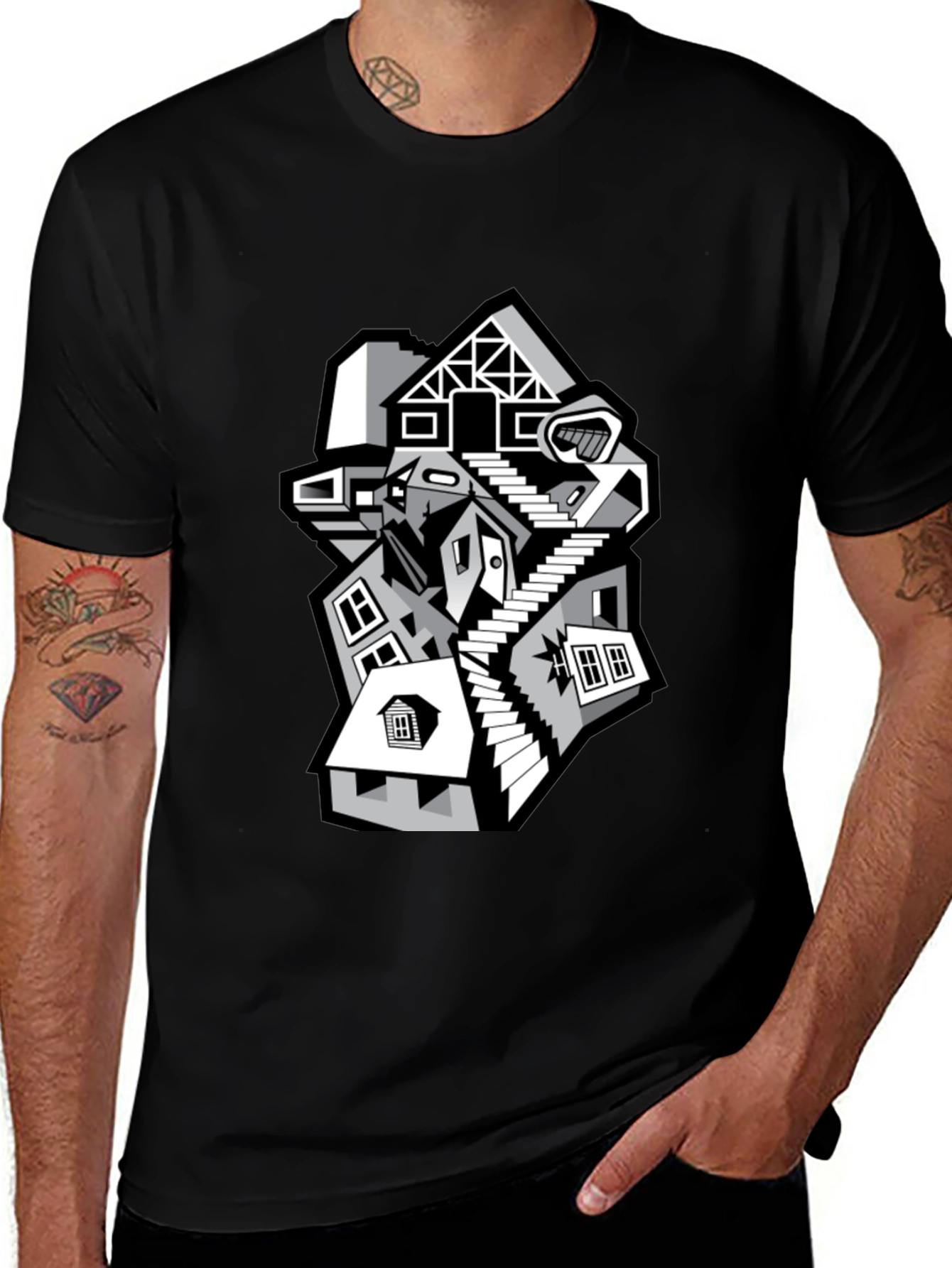 Variant 9 of Abstract Building Graphic Tee - Black Cotton Shirt