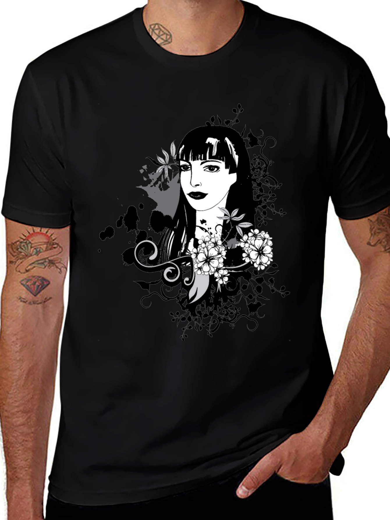 Variant 22 of Stylish Black T-Shirt with Floral Portrait Design
