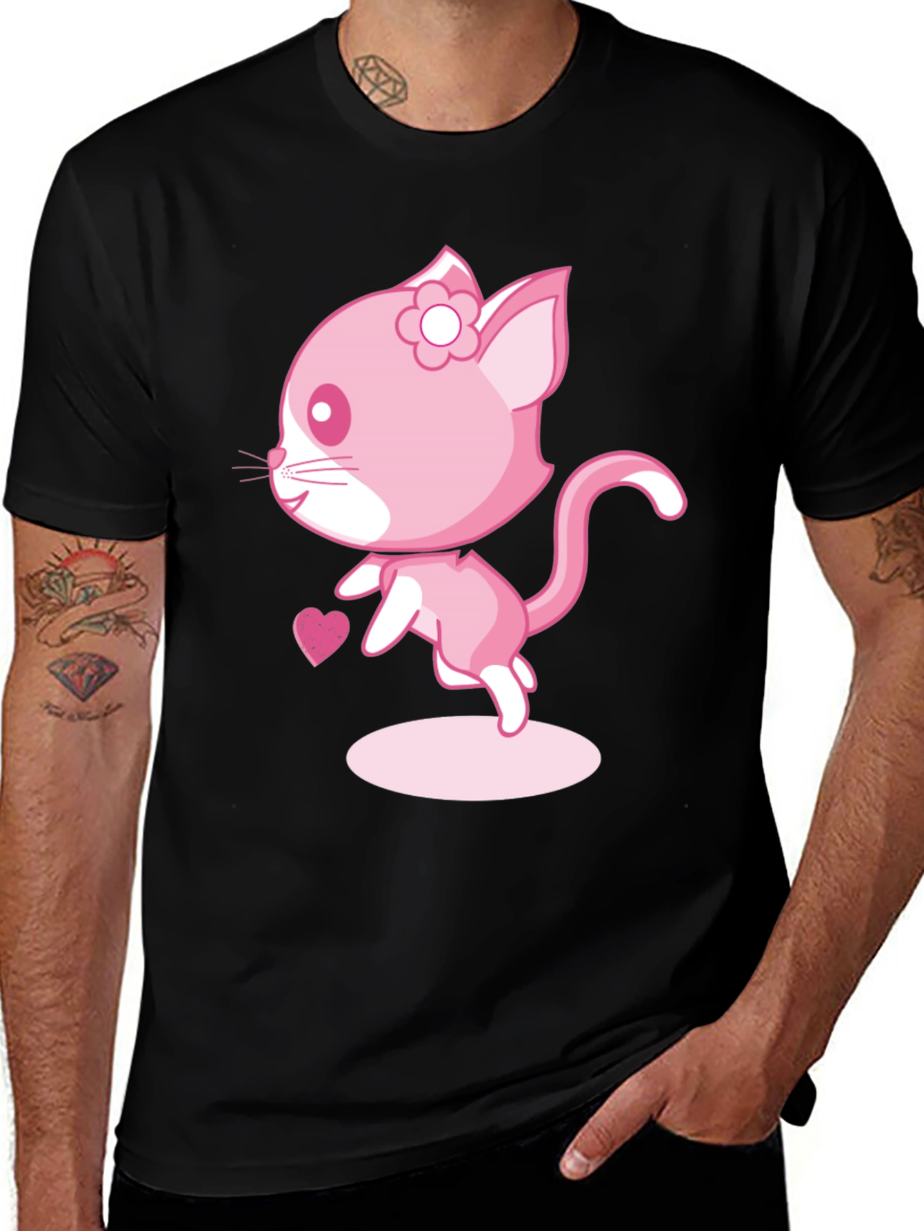 Variant 23 of Cute Pink Kitty Cat Graphic Tee - Black Cotton T-Shirt