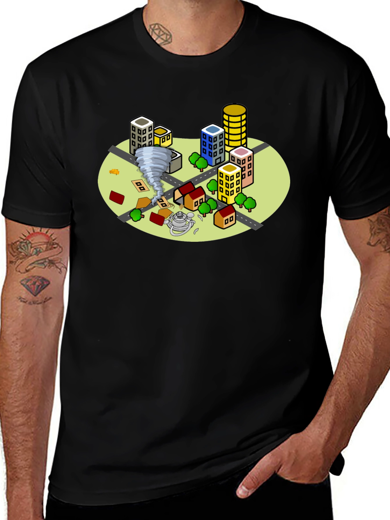 Variant 22 of Cartoon Tornado City T-Shirt - Black, Short Sleeve