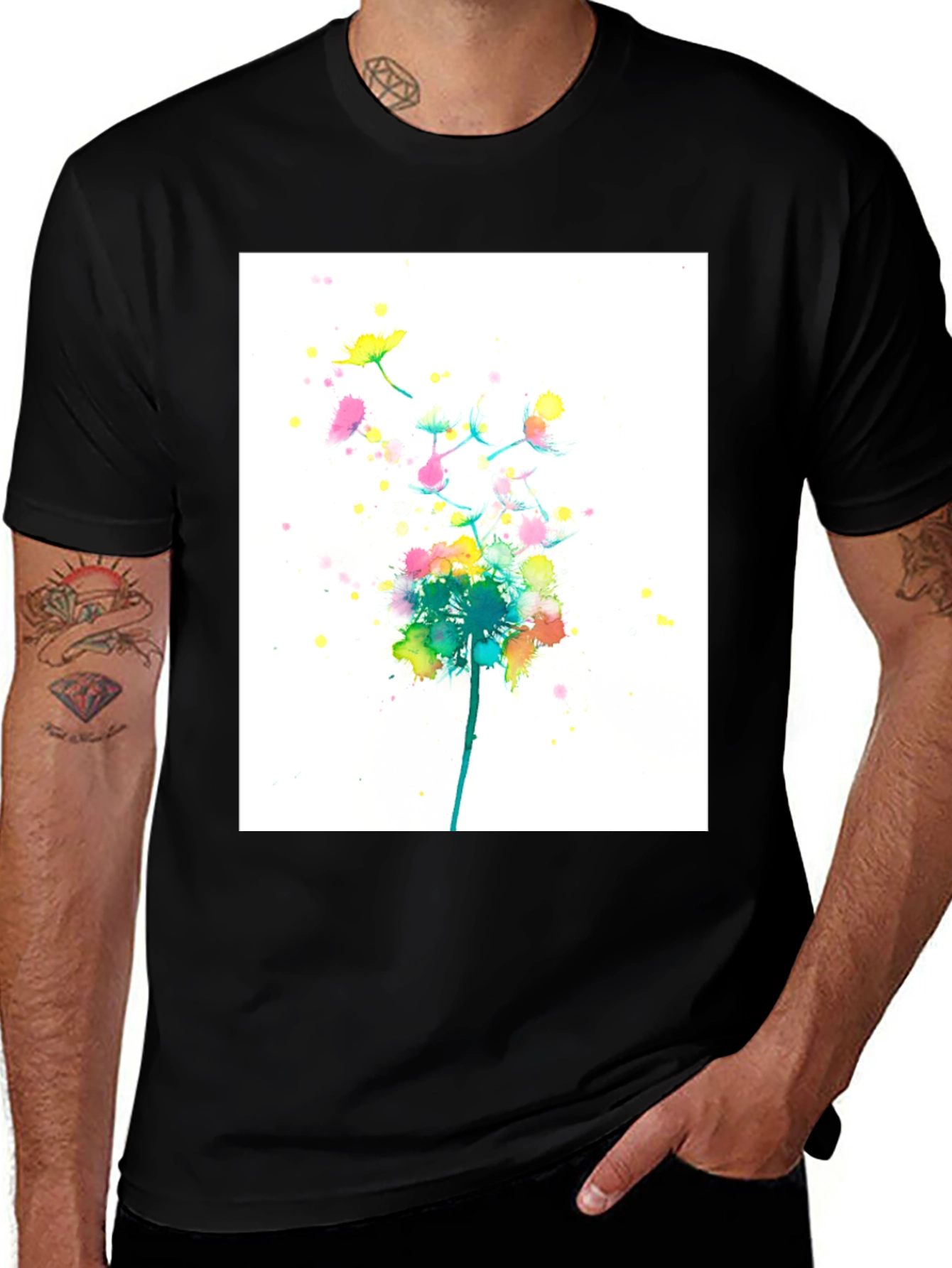 Variant 27 of Watercolor Dandelion Print Black T-Shirt