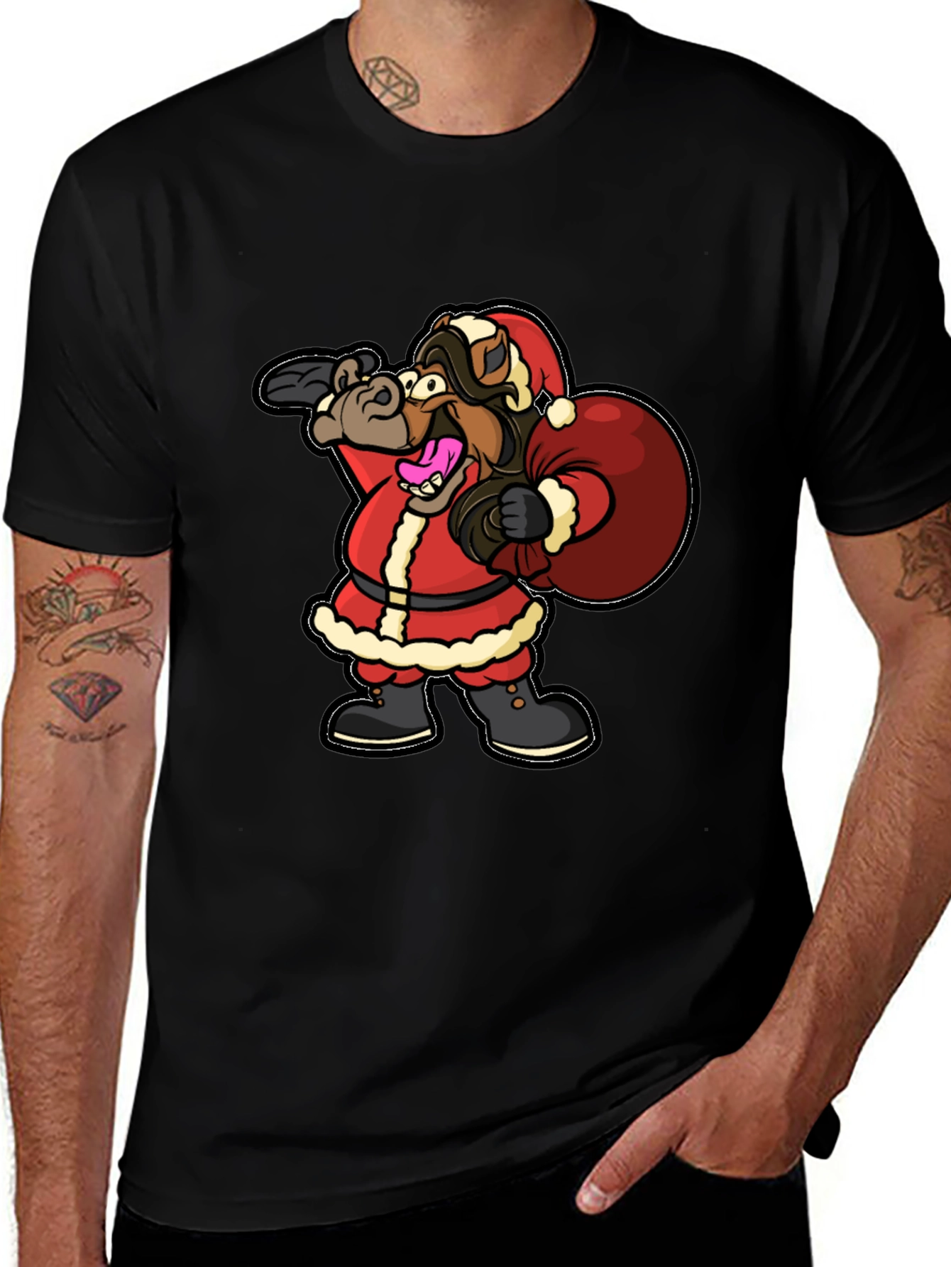 Variant 3 of Funny Horse Santa Christmas Black T-Shirt