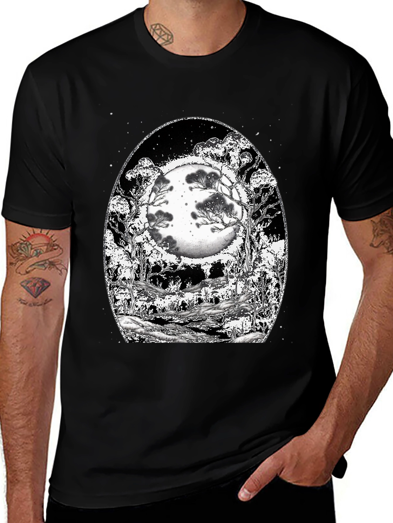 Black Graphic Tee - Moonlit Forest Design