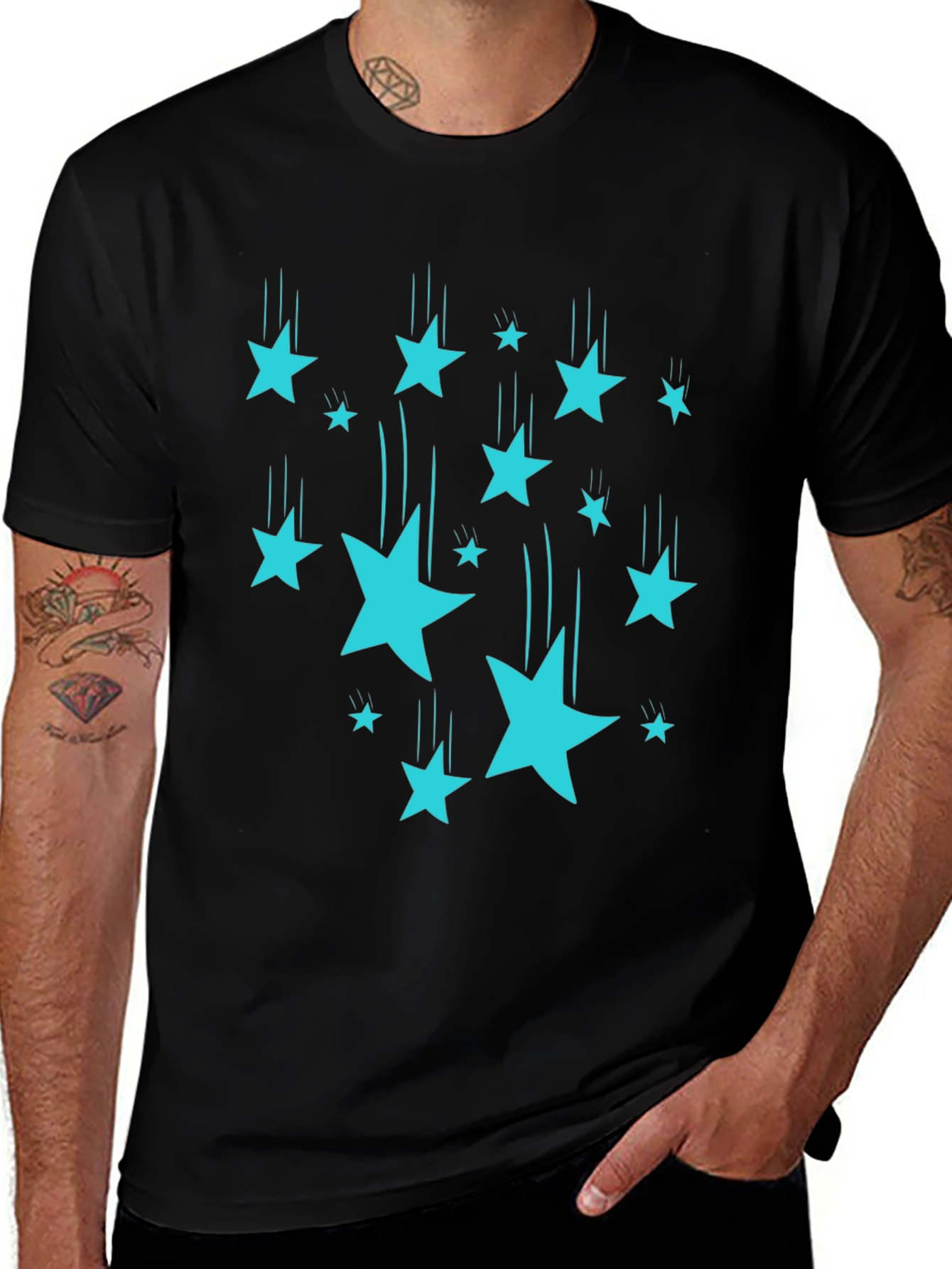 Variant 12 of Stylish Black T-Shirt with Turquoise Falling Stars