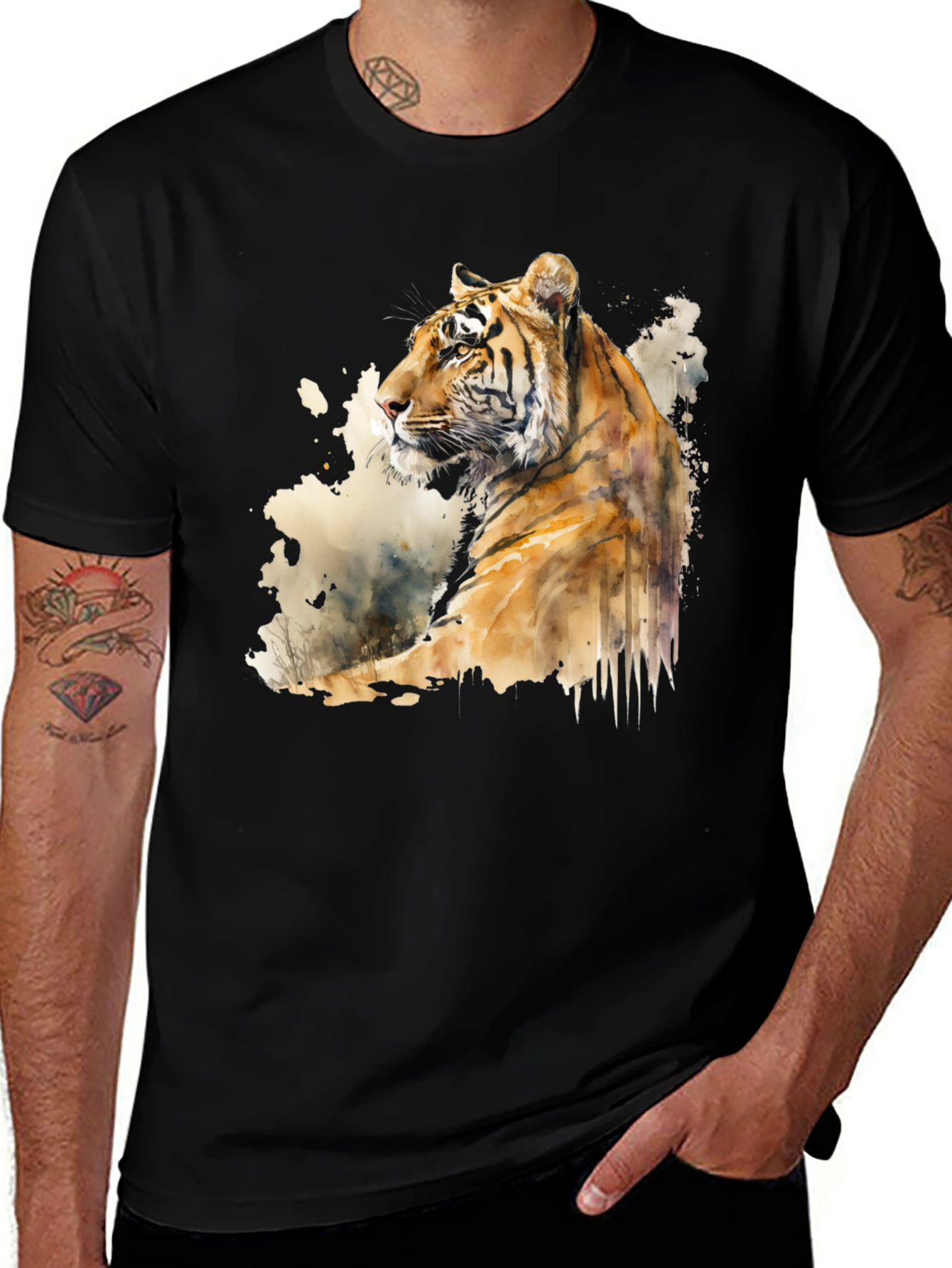Variant 14 of Tiger Watercolor Print Men's Black T-Shirt