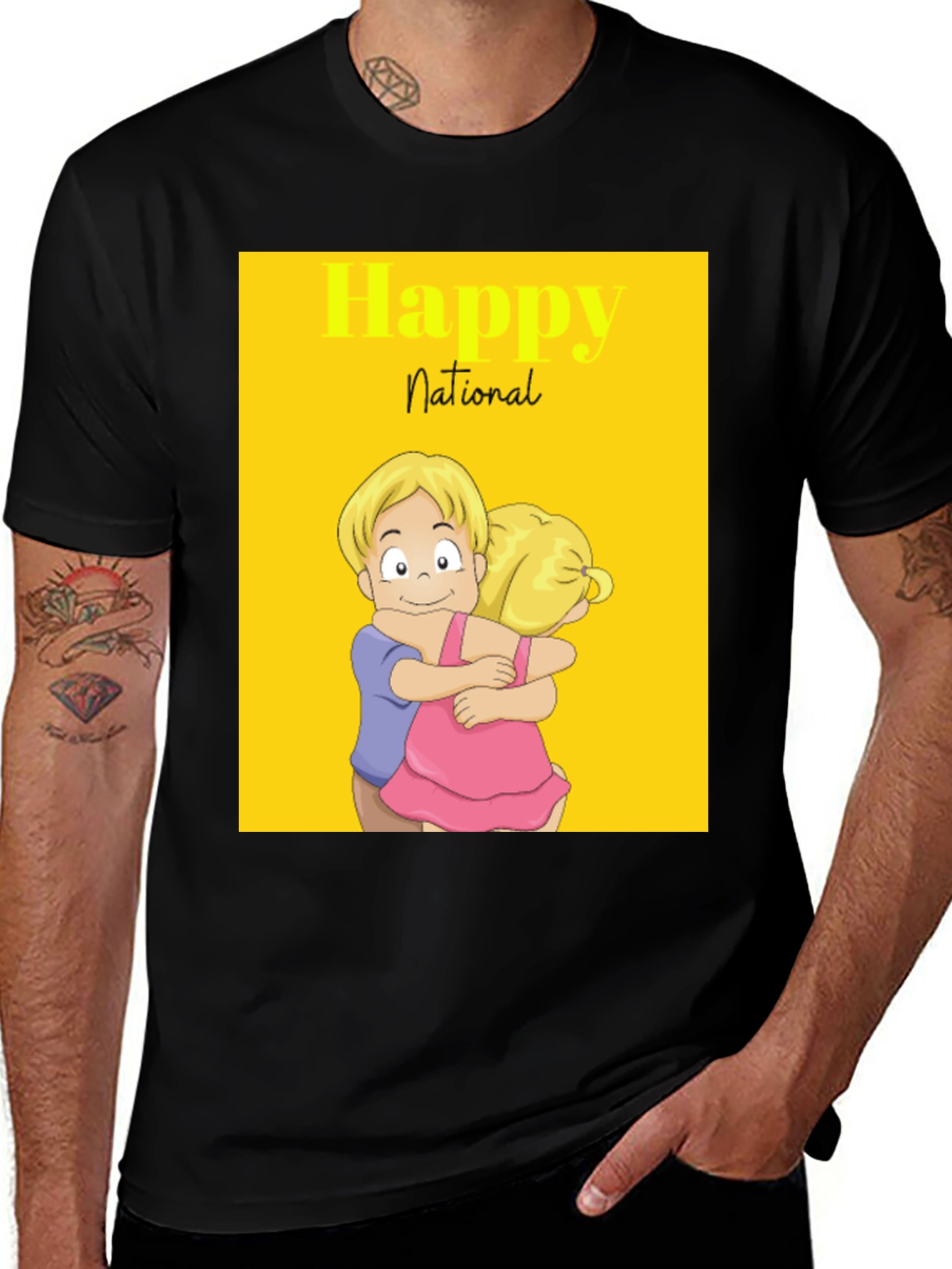 Happy National Day Cartoon Couple Black Tee