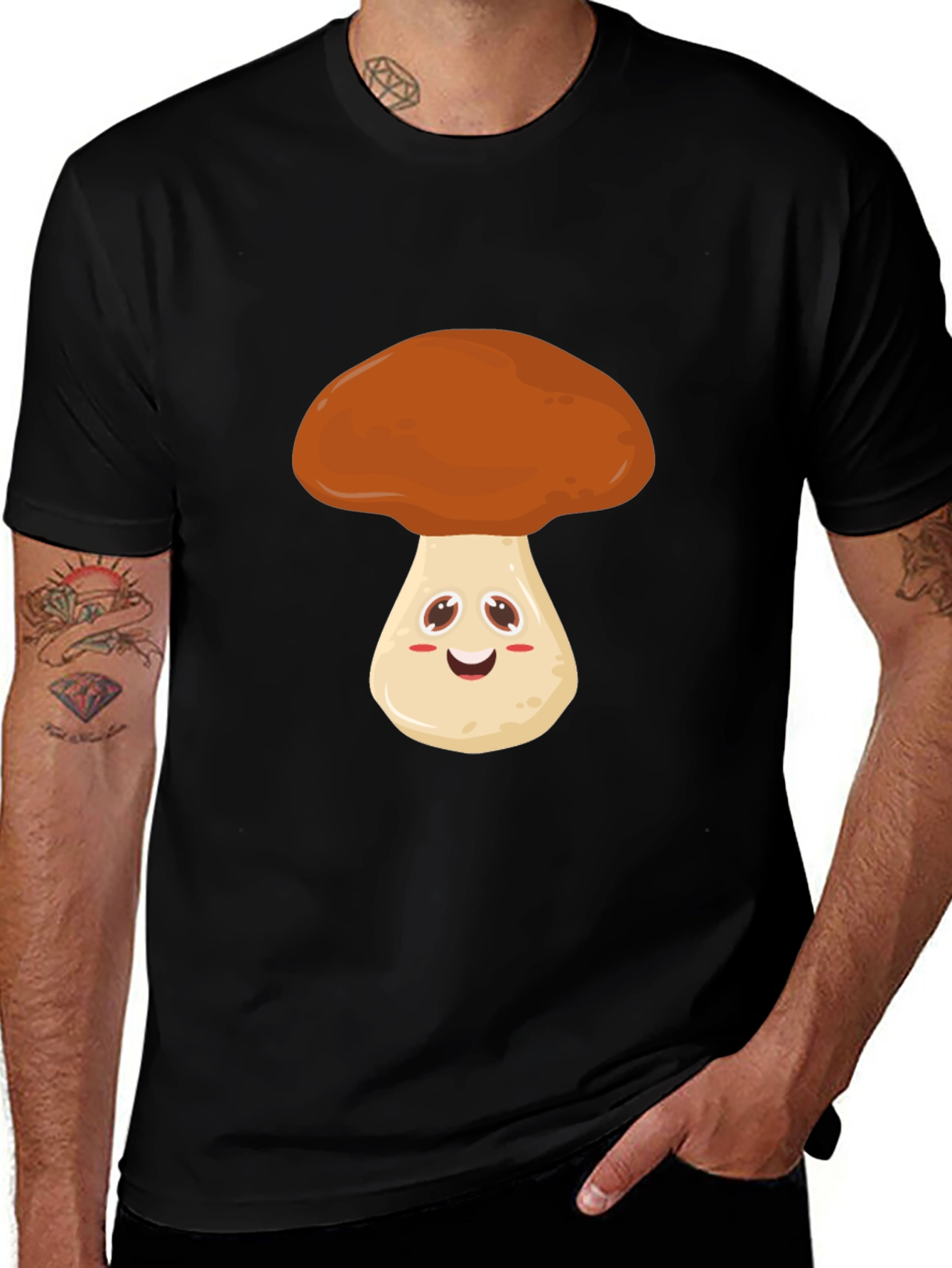 Variant 24 of Cute Mushroom Graphic Tee - Black Cotton T-Shirt