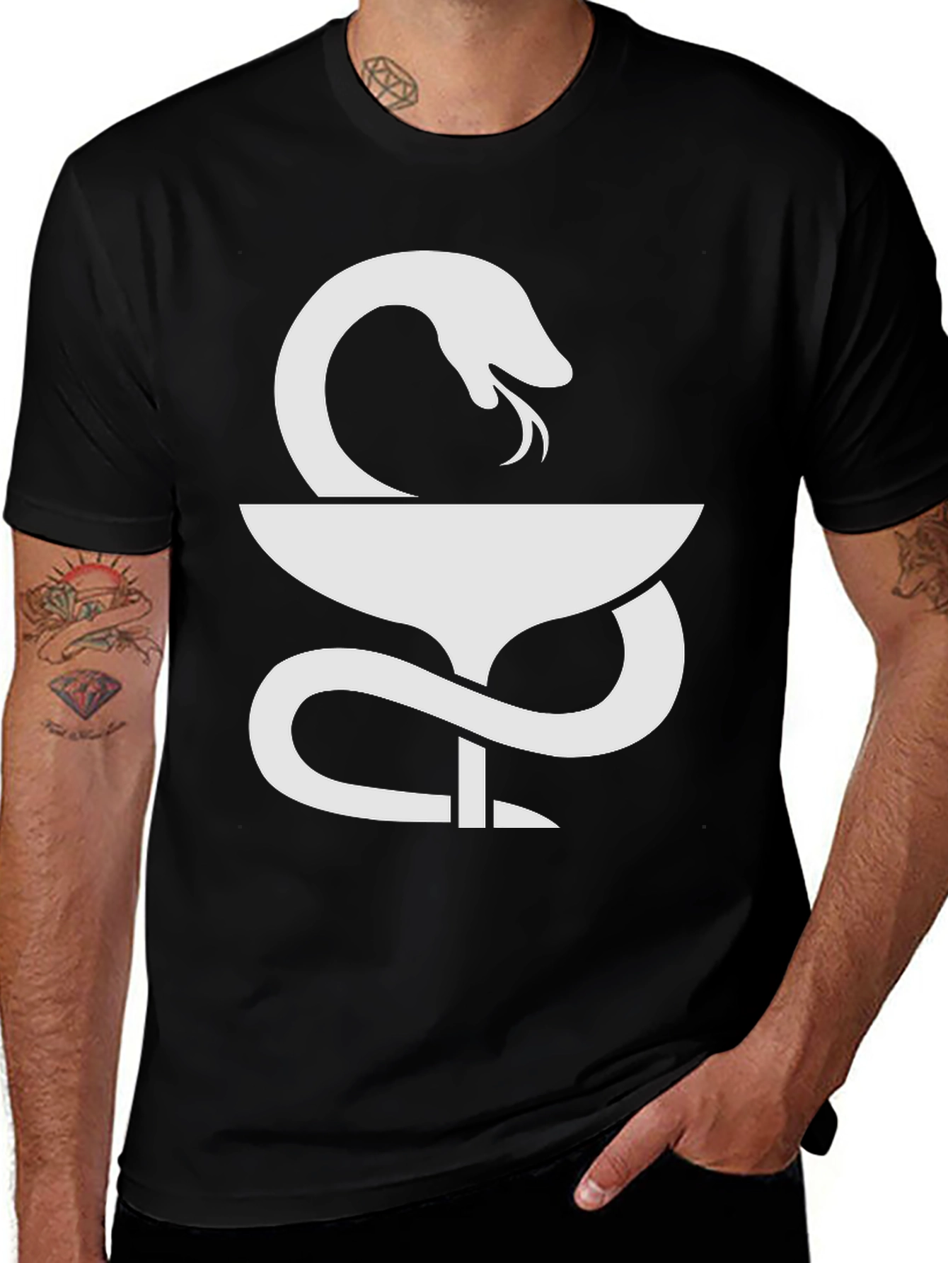 Variant 12 of Black Tee with Asclepius Symbol