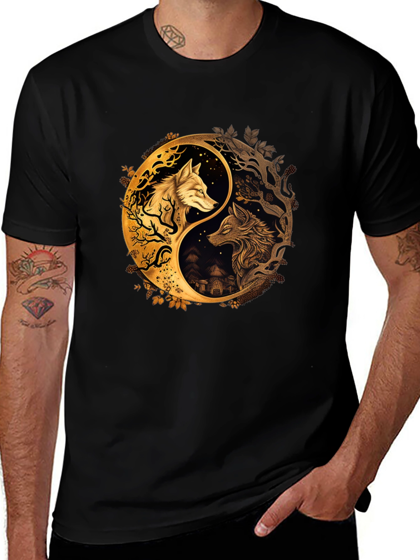 Variant 20 of Yin Yang Wolves Graphic Tee - Black Cotton Blend