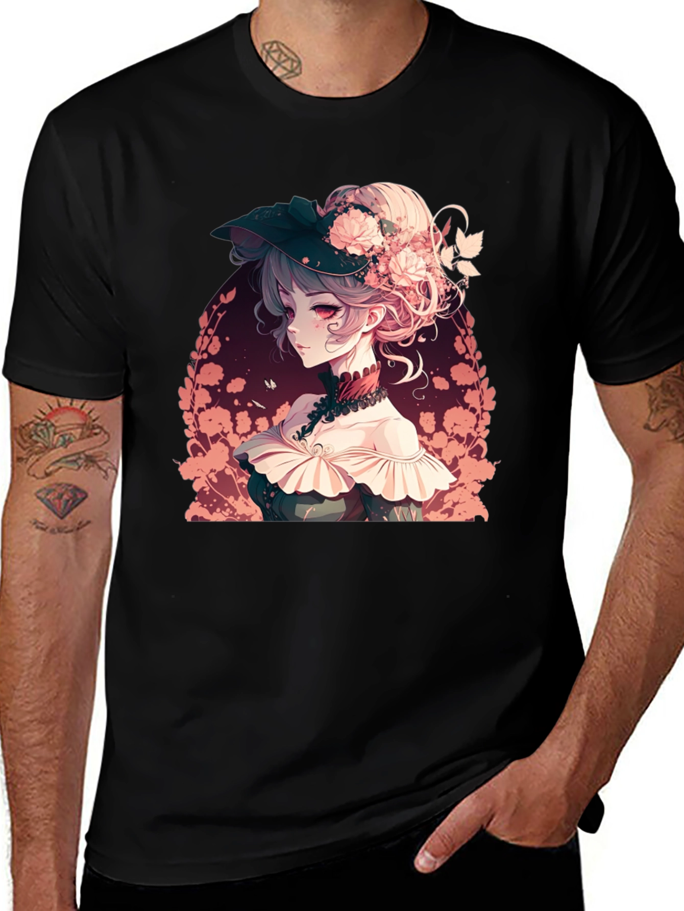 Variant 29 of Anime Girl Floral Black T-Shirt