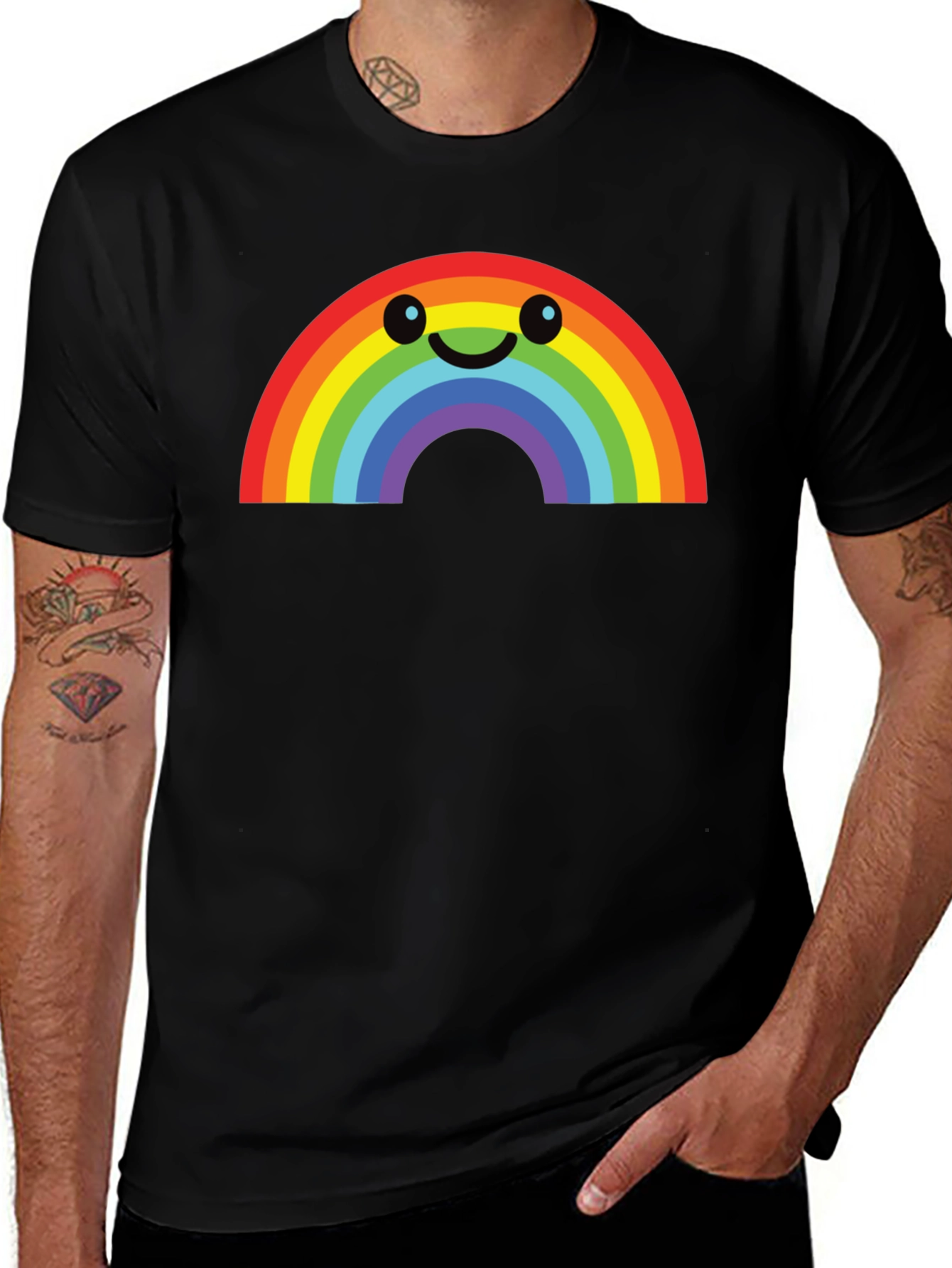 Variant 9 of Rainbow Smiley Face Graphic Tee - Black