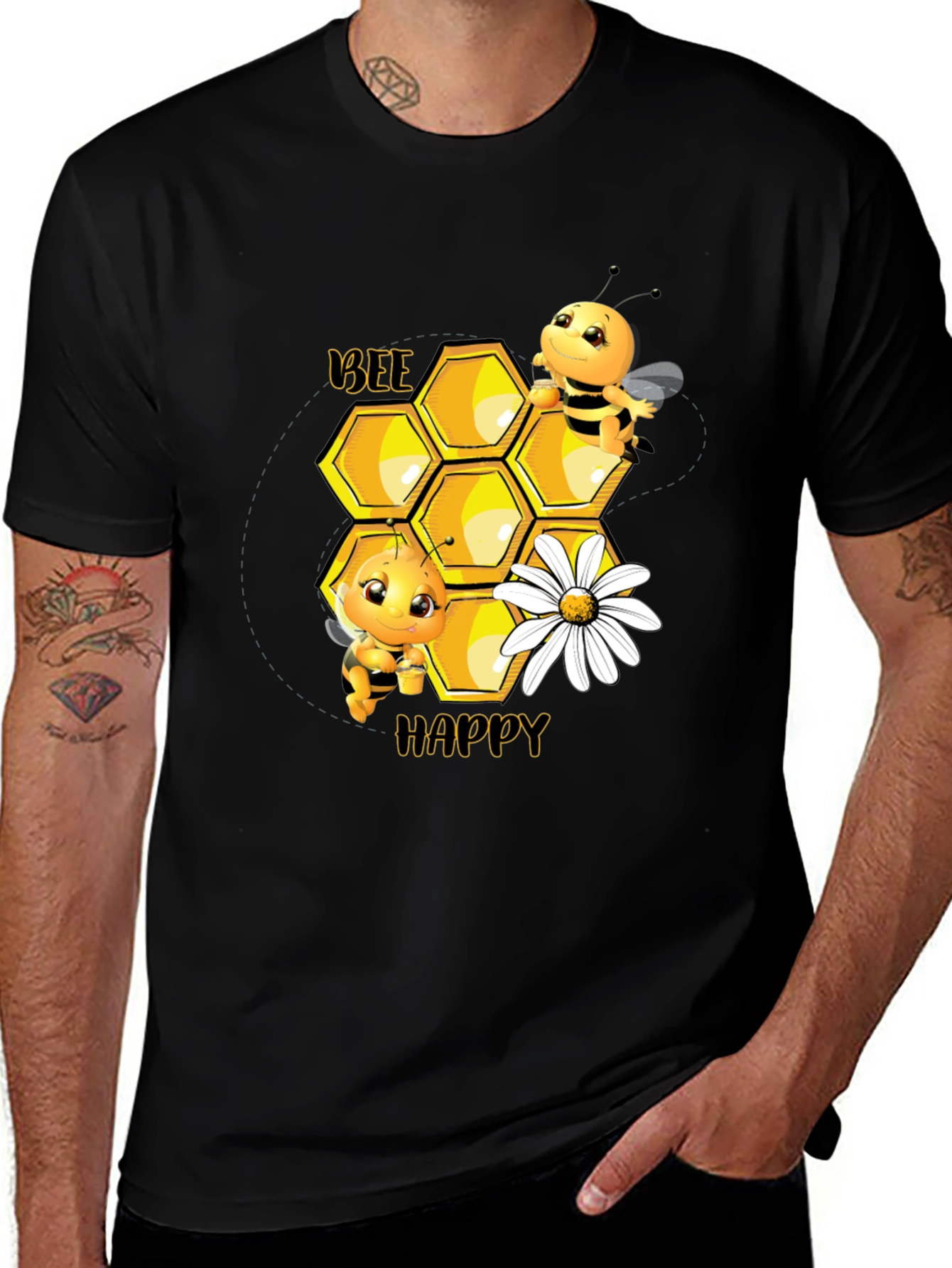 Variant 10 of Bee Happy Graphic Tee - Cute Honeycomb & Daisy Design