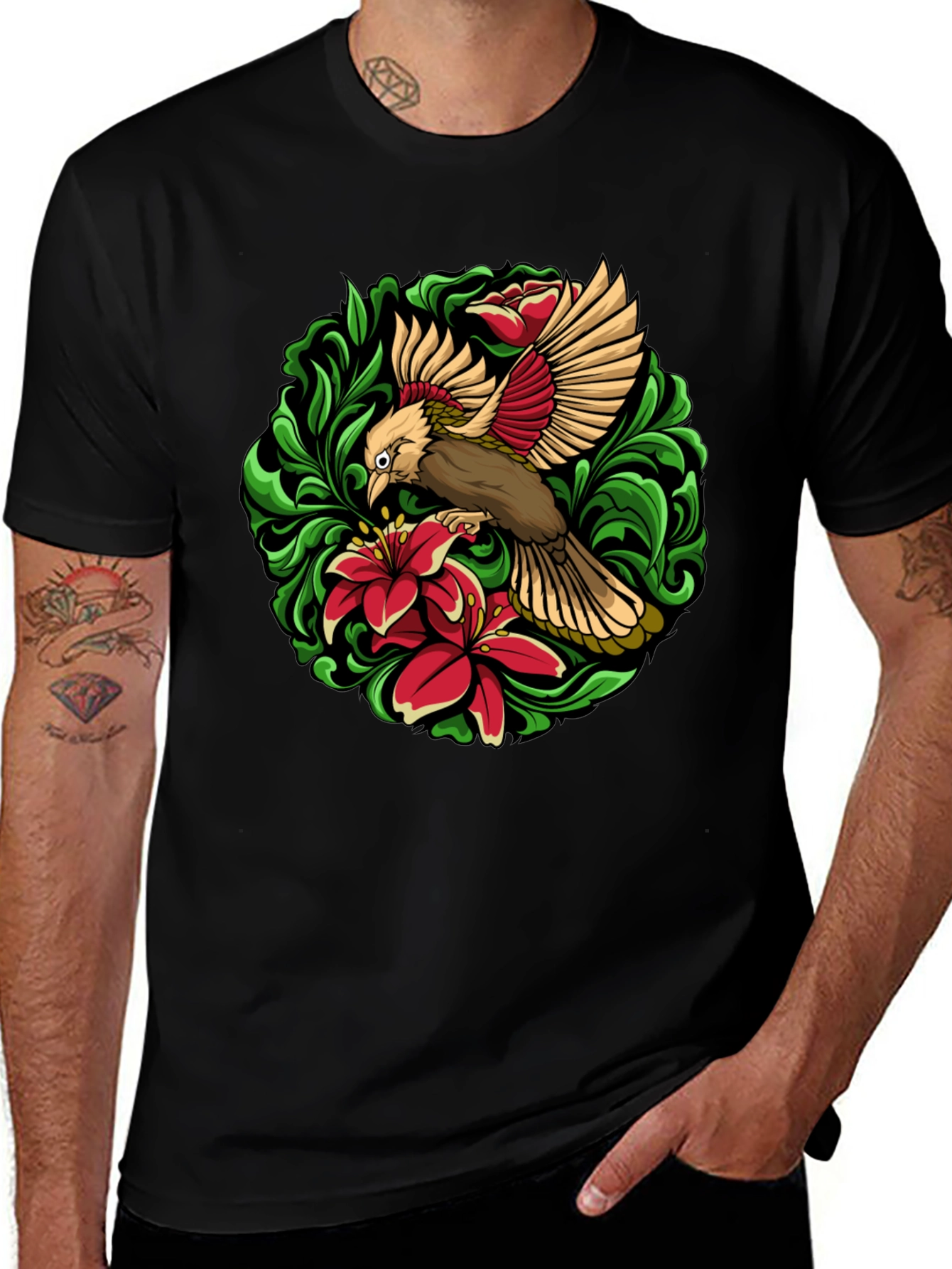 Bird & Floral Graphic Tee - Unique Nature Design