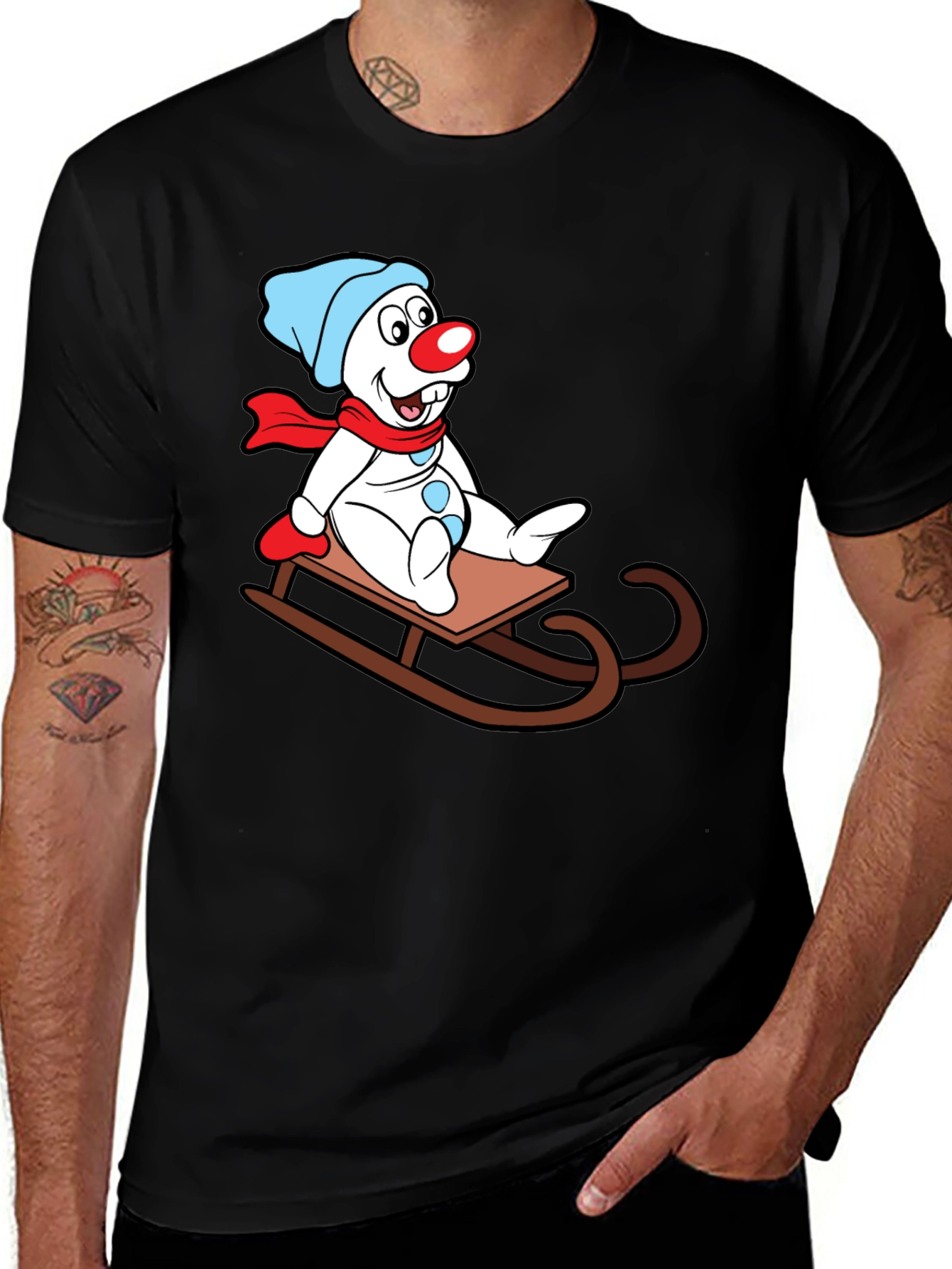 Variant 26 of Frosty Sledding T-Shirt - Cartoon Snowman Design