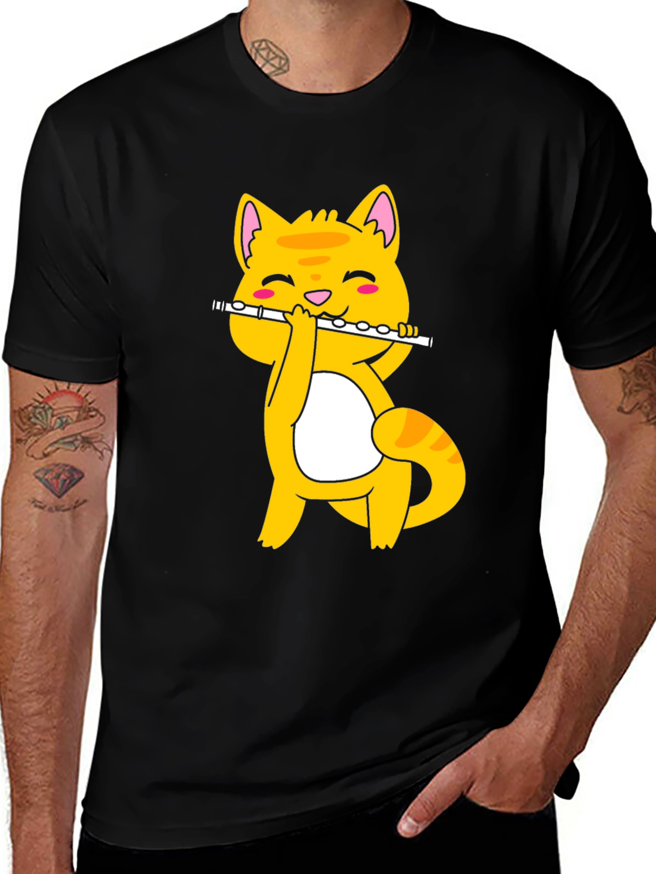 Variant 13 of Cute Cat Flute Player Graphic Tee - Black Cotton T-Shirt