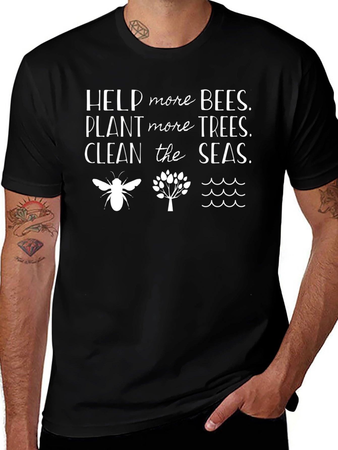 Variant 18 of Eco-Friendly Graphic Tee: Help Bees, Plant Trees, Clean Seas