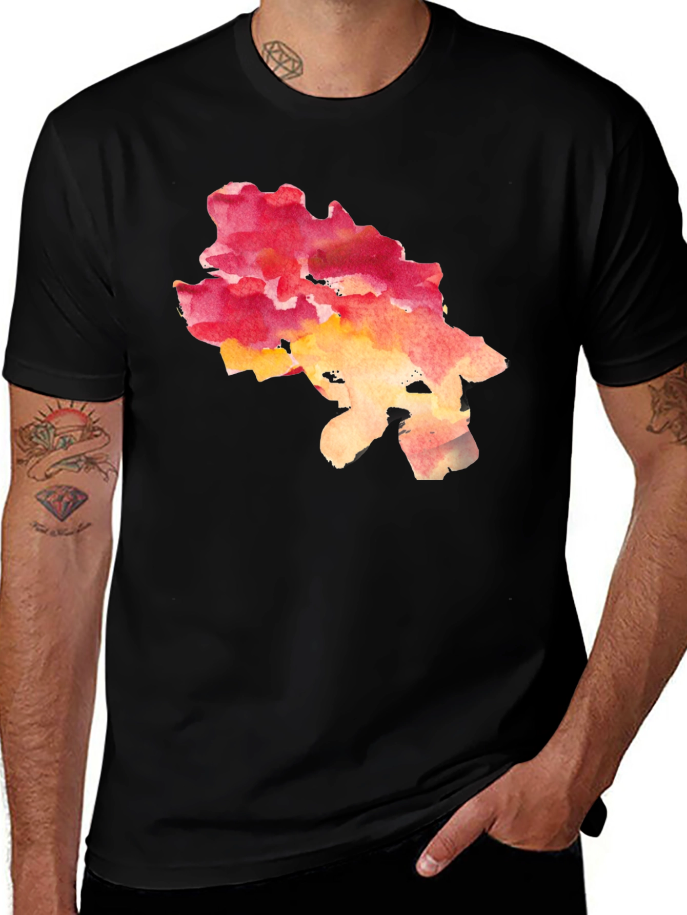 Variant 14 of Watercolor Flower Graphic Tee - Black Casual T-Shirt