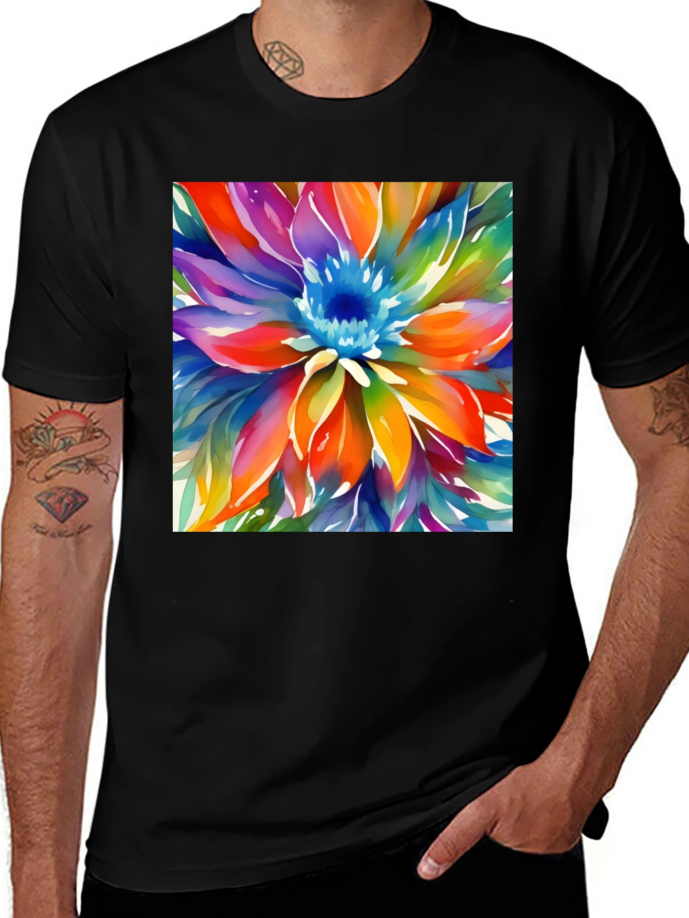 Variant 13 of Watercolor Flower Print Black T-Shirt