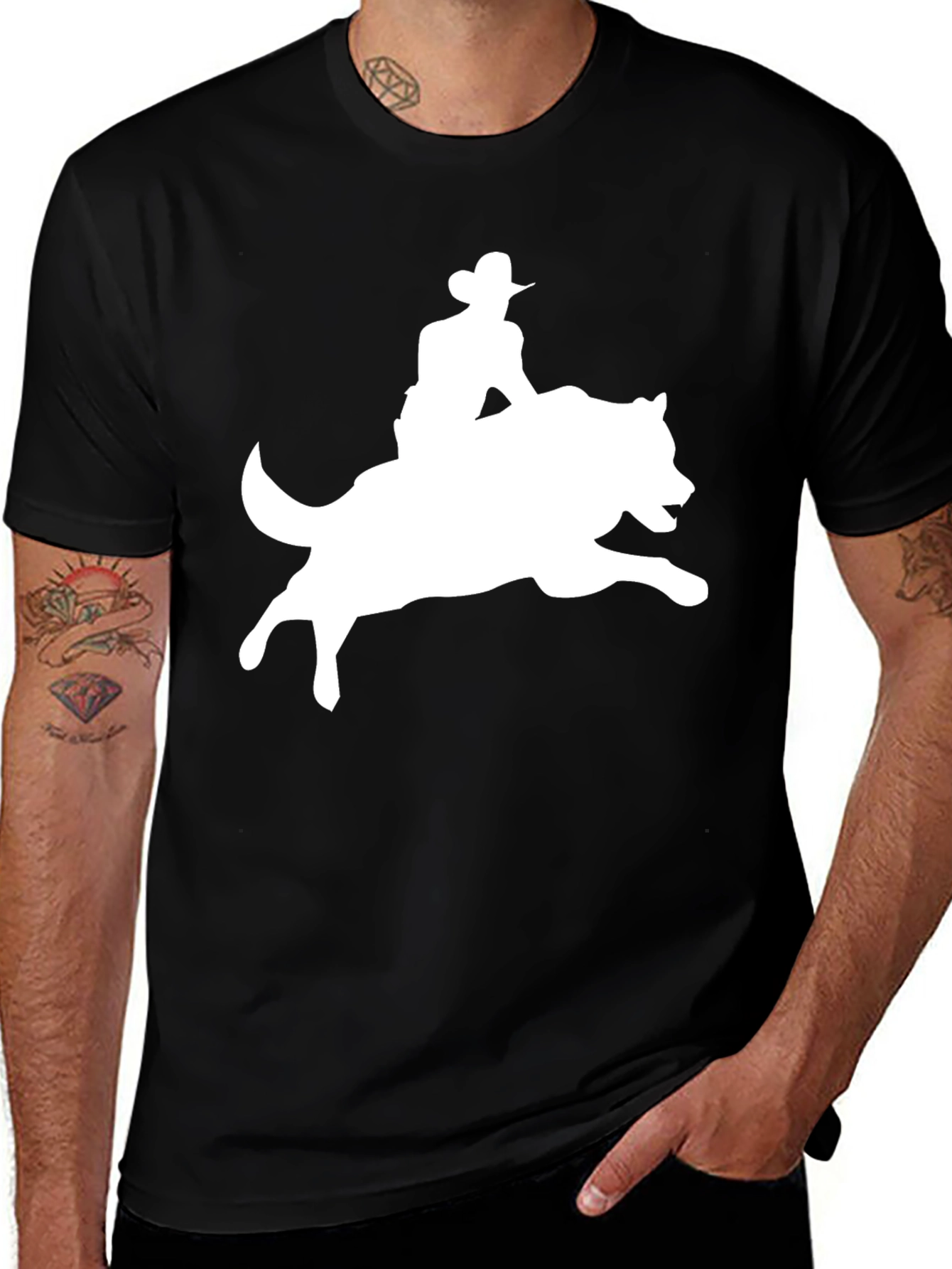Variant 30 of Cowboy Riding a Wolf Graphic Tee - Black T-Shirt