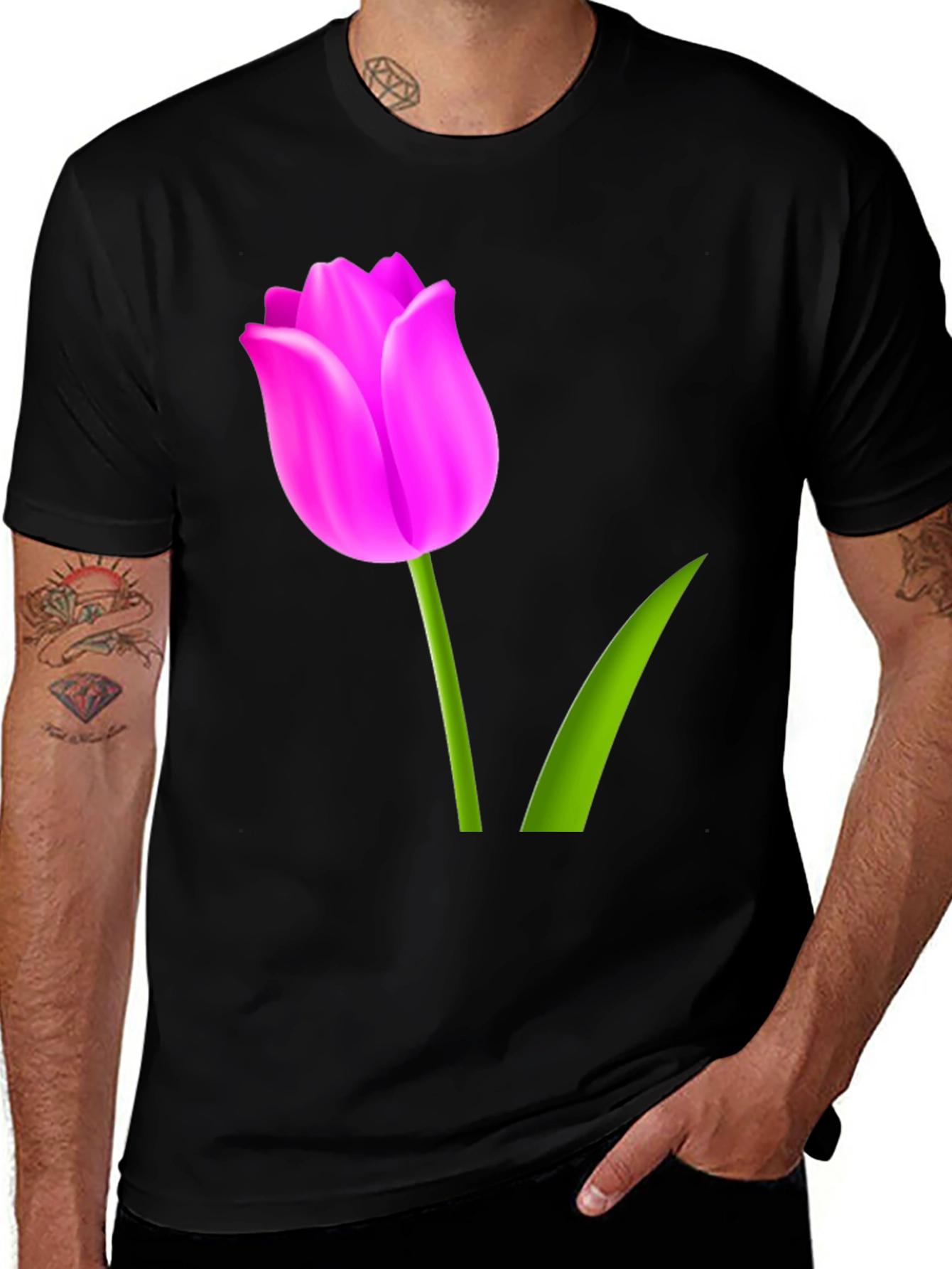 Variant 20 of Pink Tulip Graphic Print Black T-Shirt