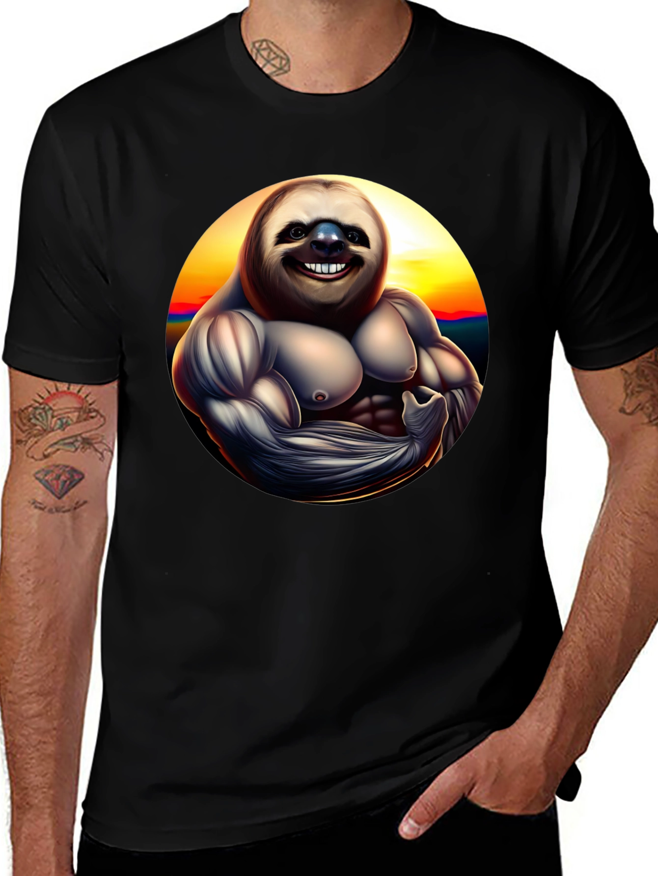 Variant 3 of Funny Muscled Sloth Graphic Black T-Shirt