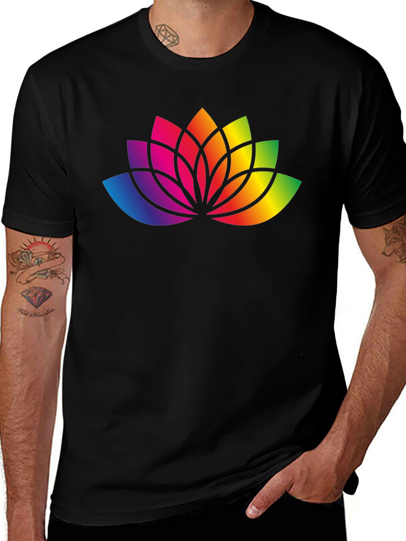 Variant 17 of Rainbow Lotus Flower Graphic Black T-Shirt