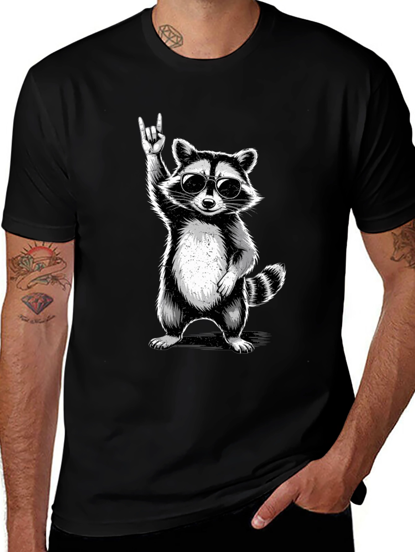 Variant 4 of Cool Raccoon Rock On T-Shirt - Black