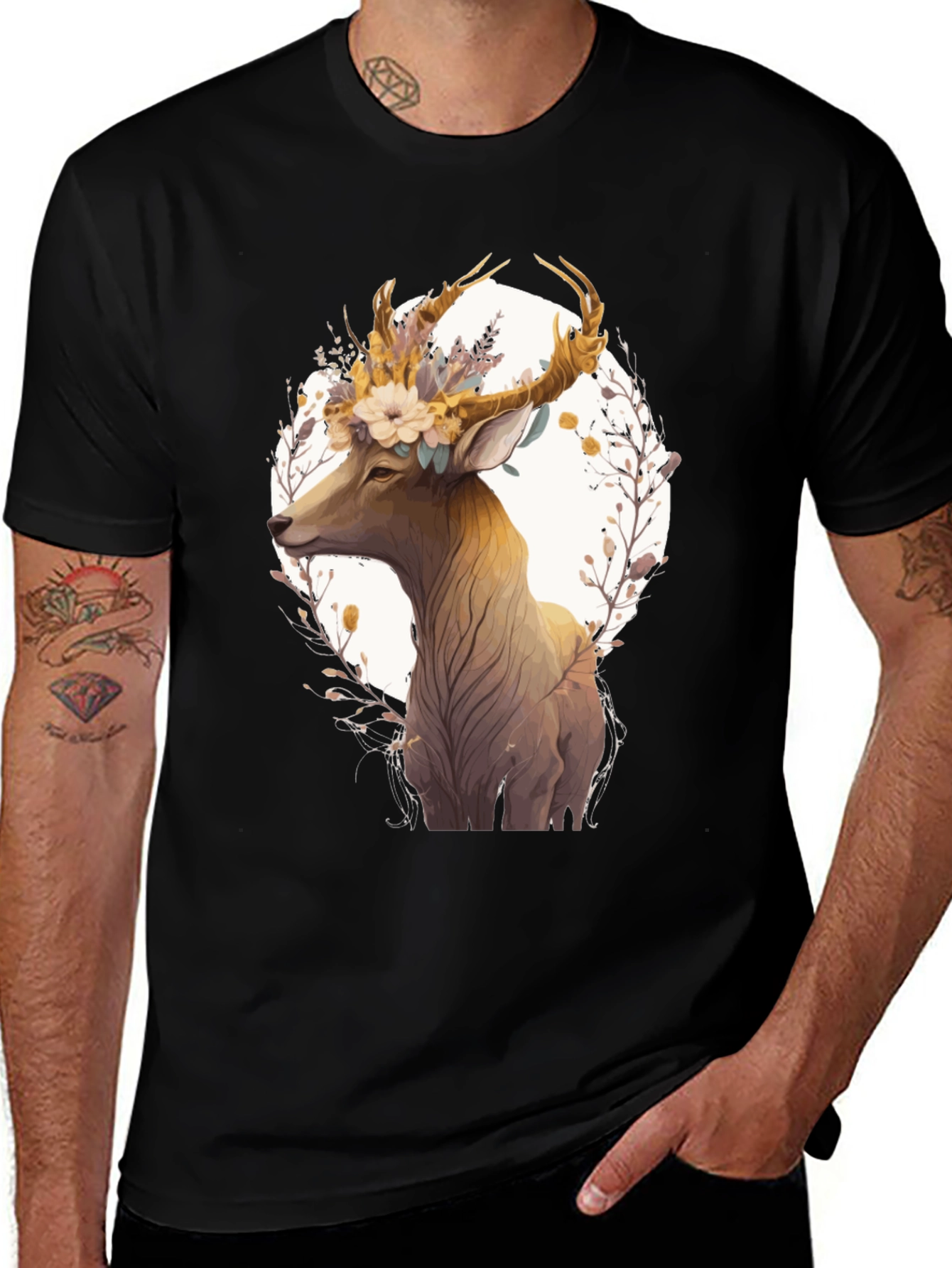 Variant 28 of Floral Deer Graphic Black T-Shirt - Unisex