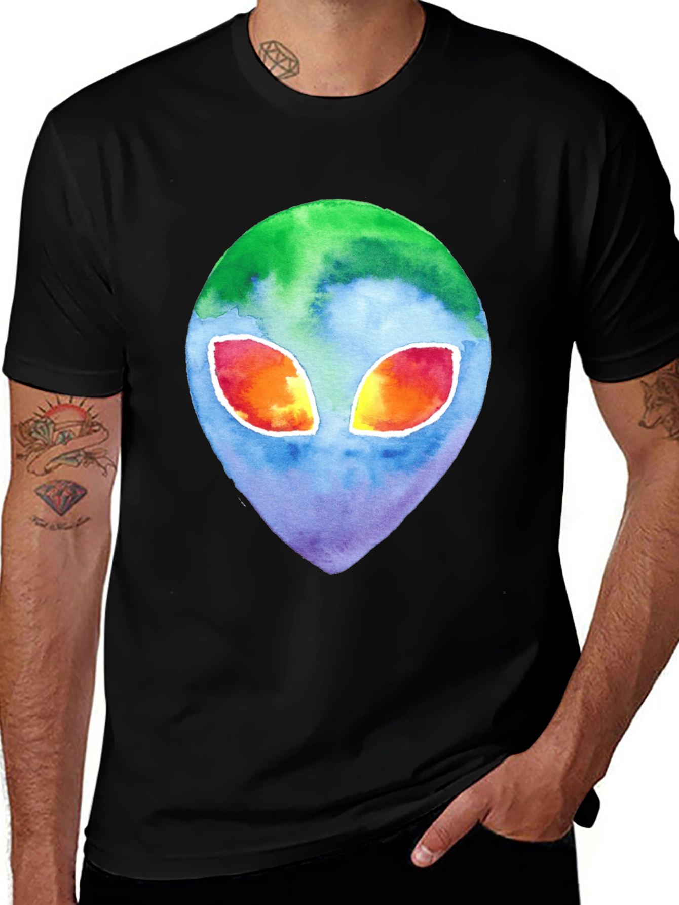 Variant 28 of Watercolor Alien Graphic T-Shirt - Black Cotton Blend