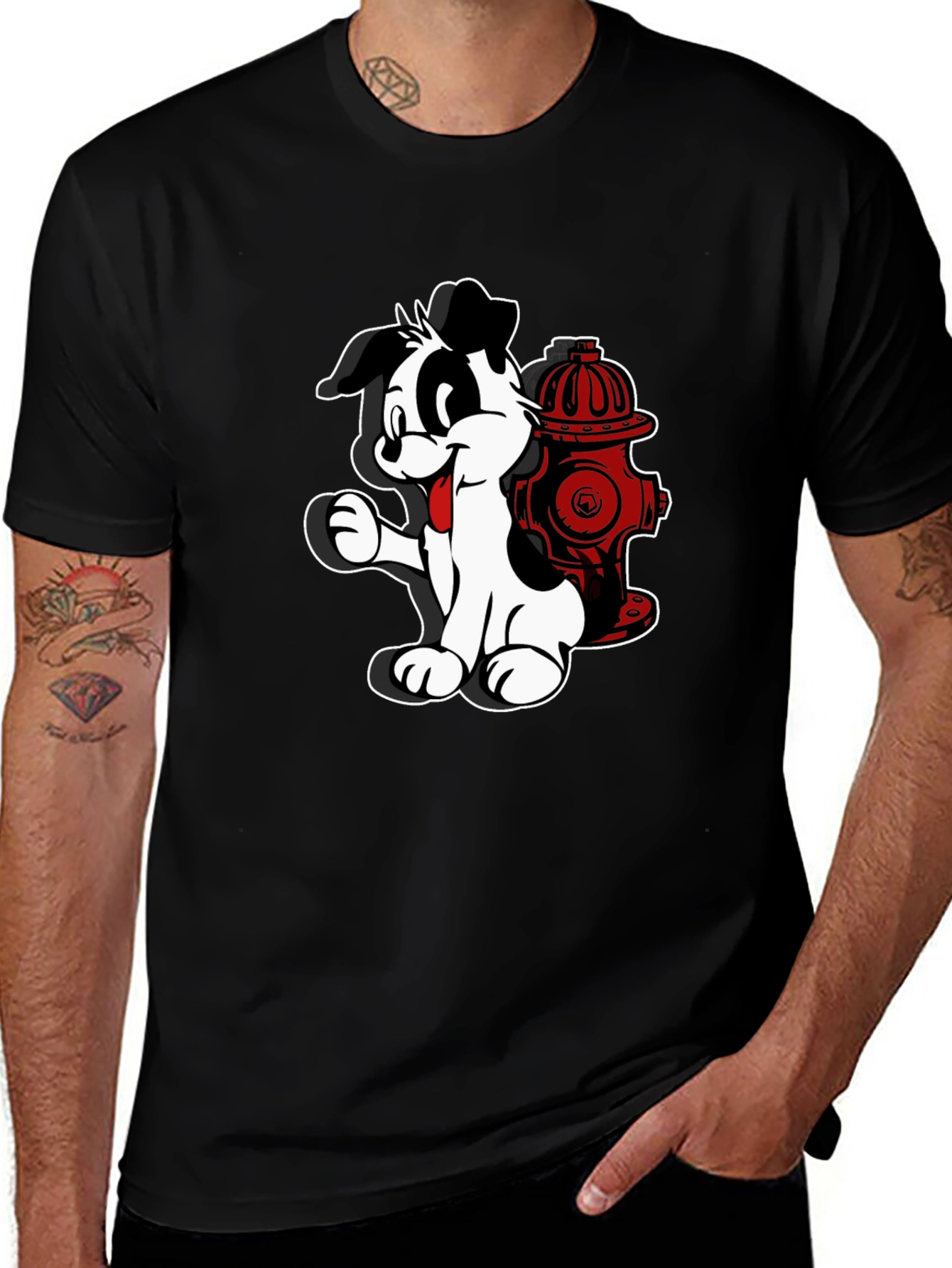 Variant 10 of Cartoon Dog & Hydrant Graphic Black T-Shirt