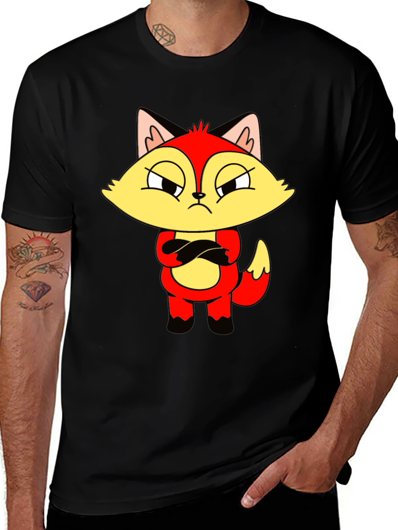Variant 14 of Grumpy Fox Cartoon Graphic Black T-Shirt
