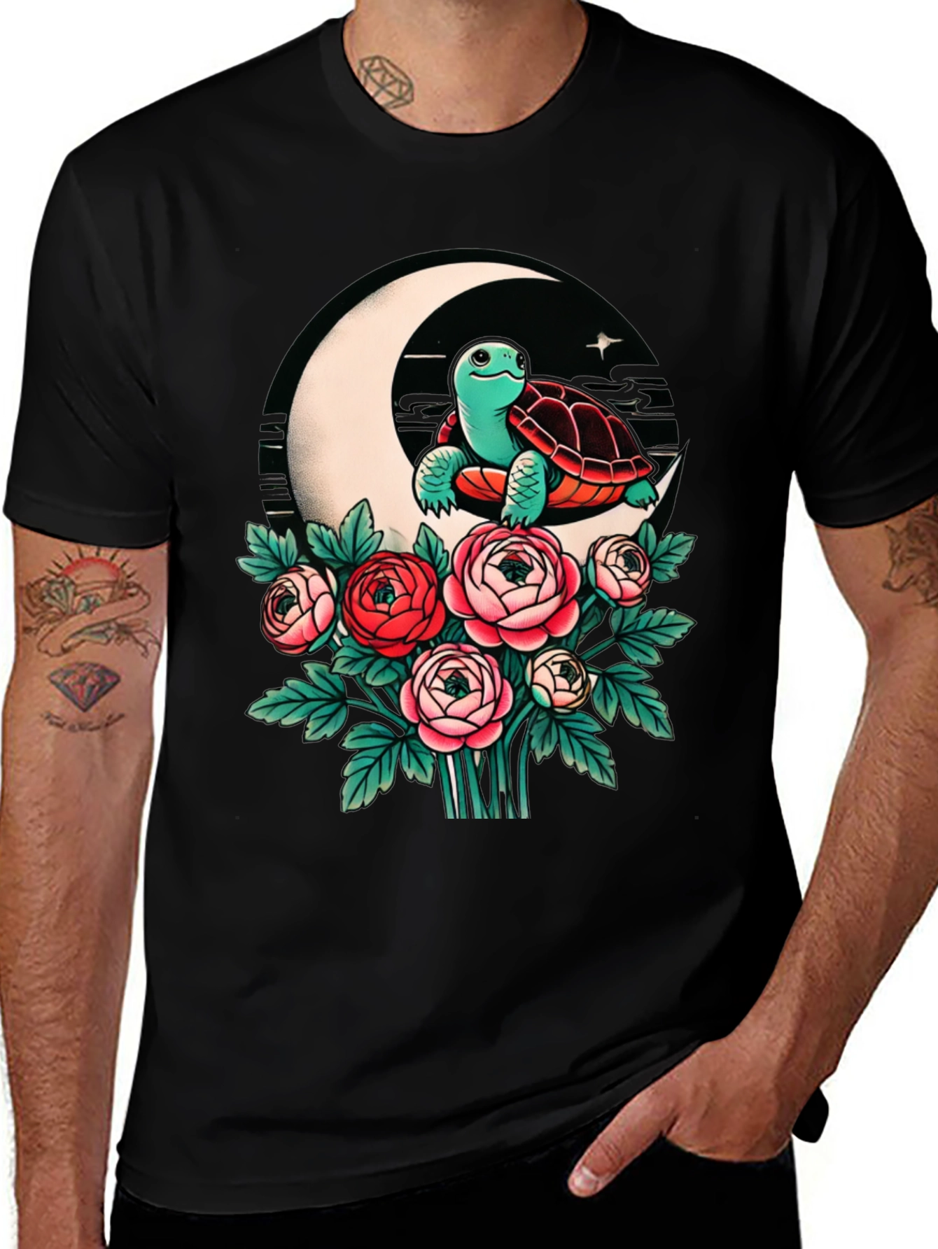 Variant 21 of Turtle on Moon & Floral T-Shirt - Unique Design