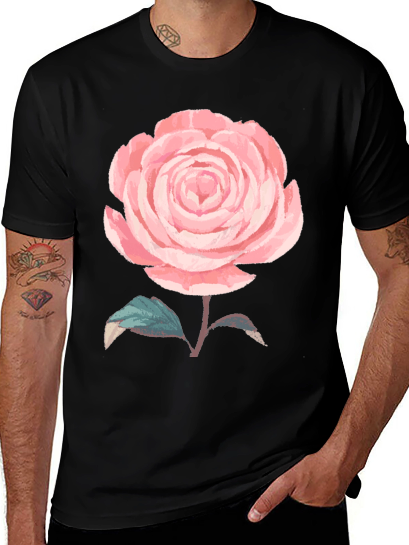 Variant 4 of Pink Rose Graphic Black T-Shirt