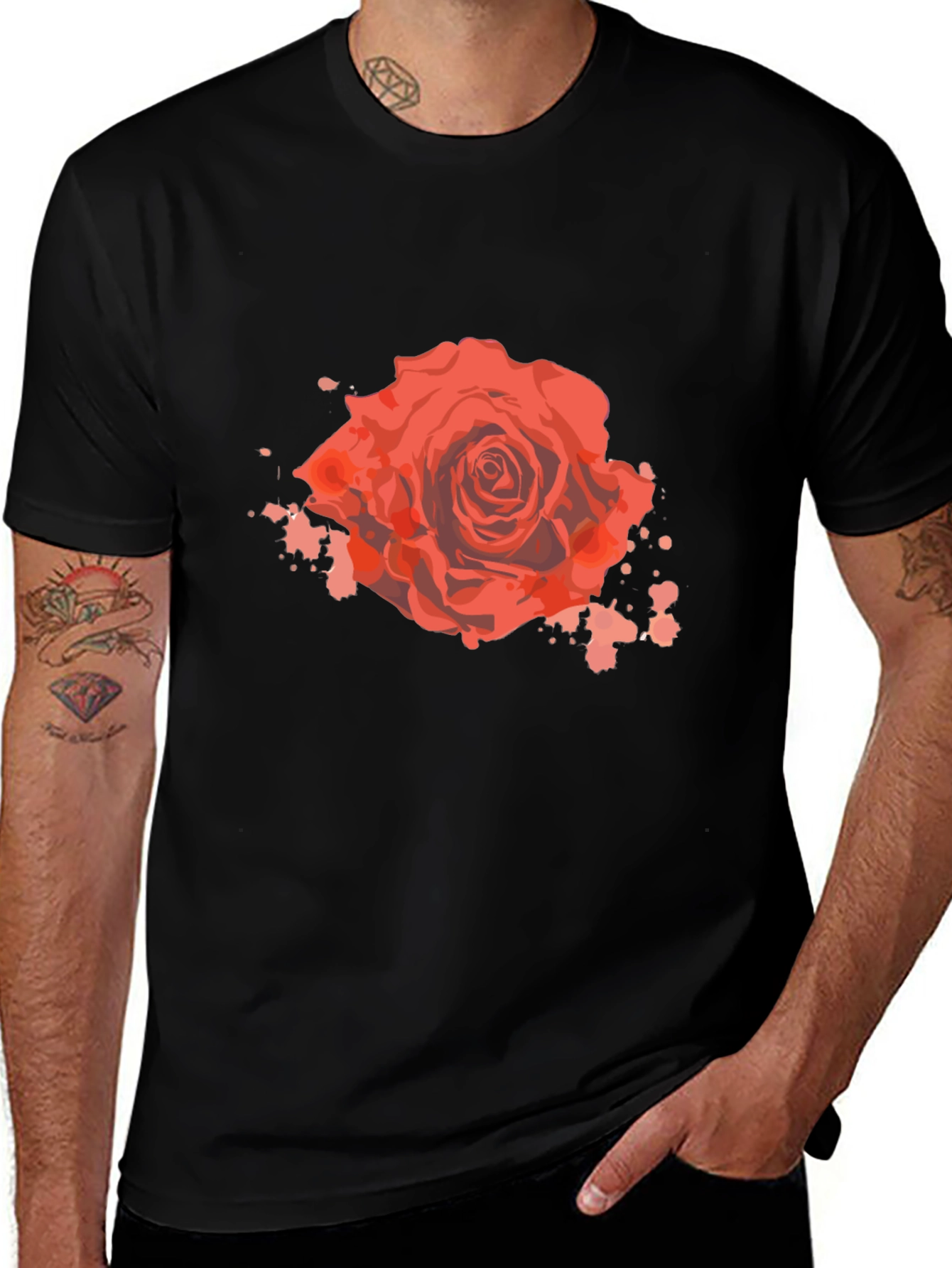 Variant 24 of Men's Black T-Shirt with Red Rose Graphic