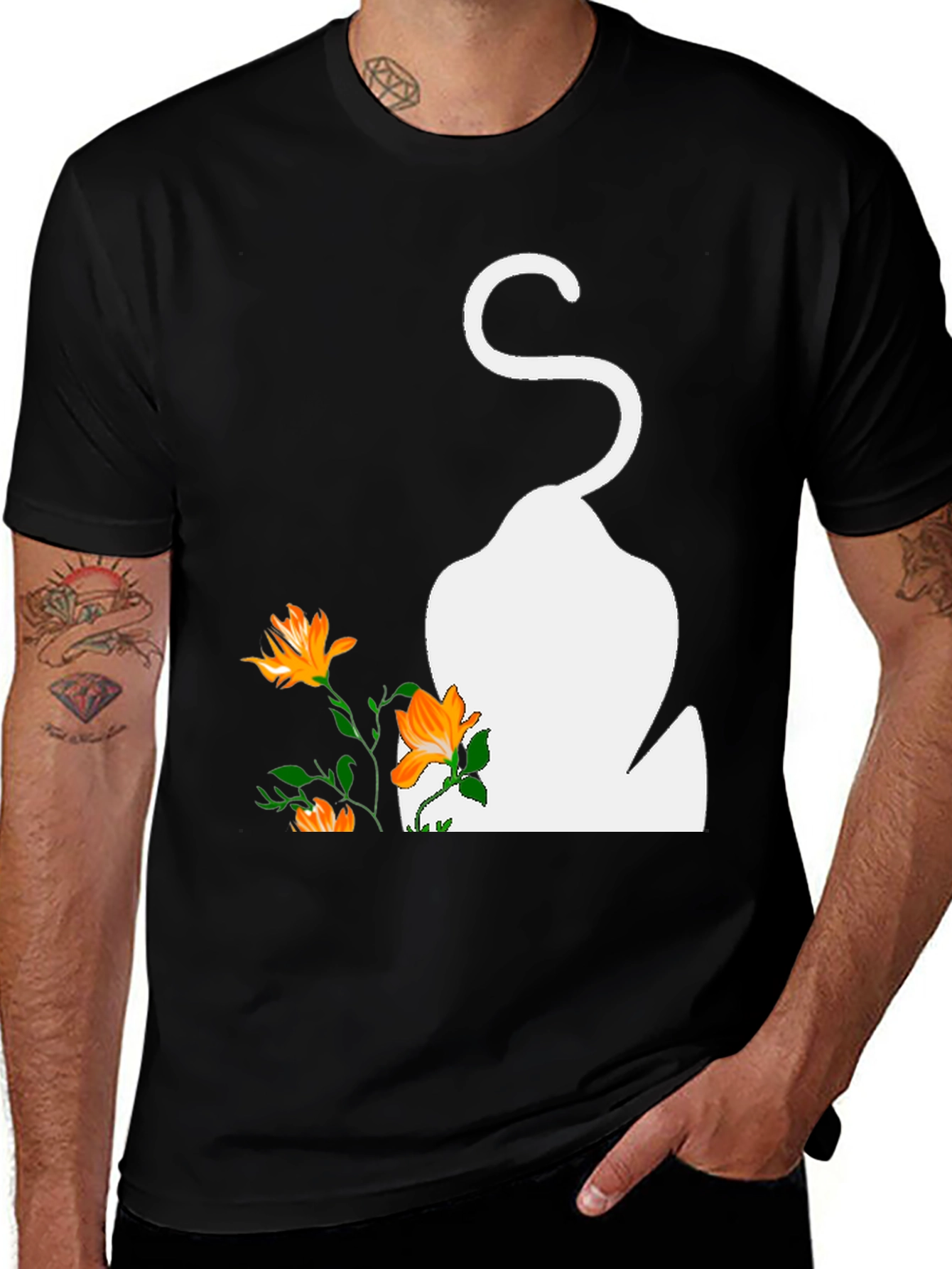 Variant 2 of Men's Black T-Shirt with Cat and Flowers Graphic