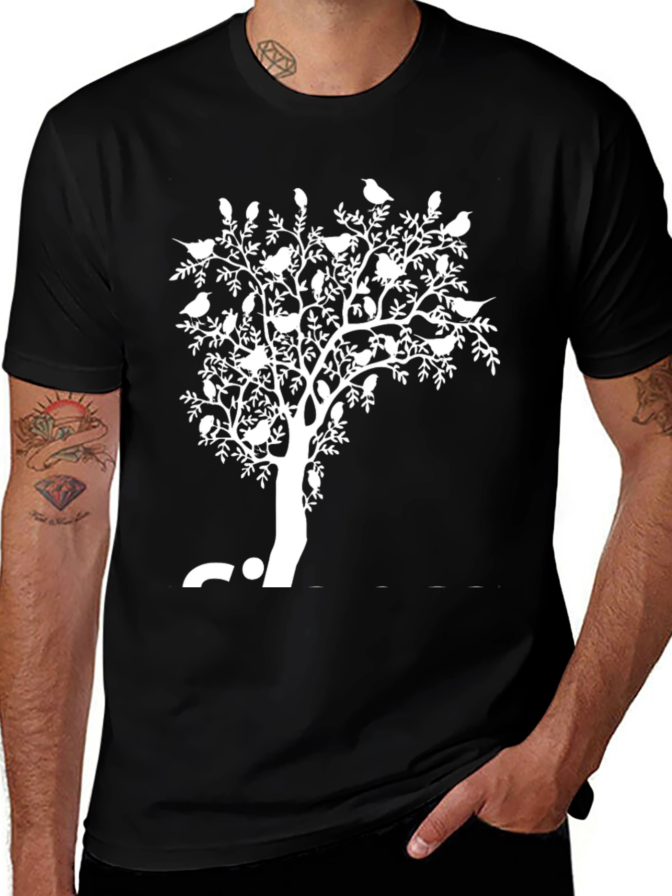 Variant 17 of Men's Black T-Shirt with White Tree and Birds Design
