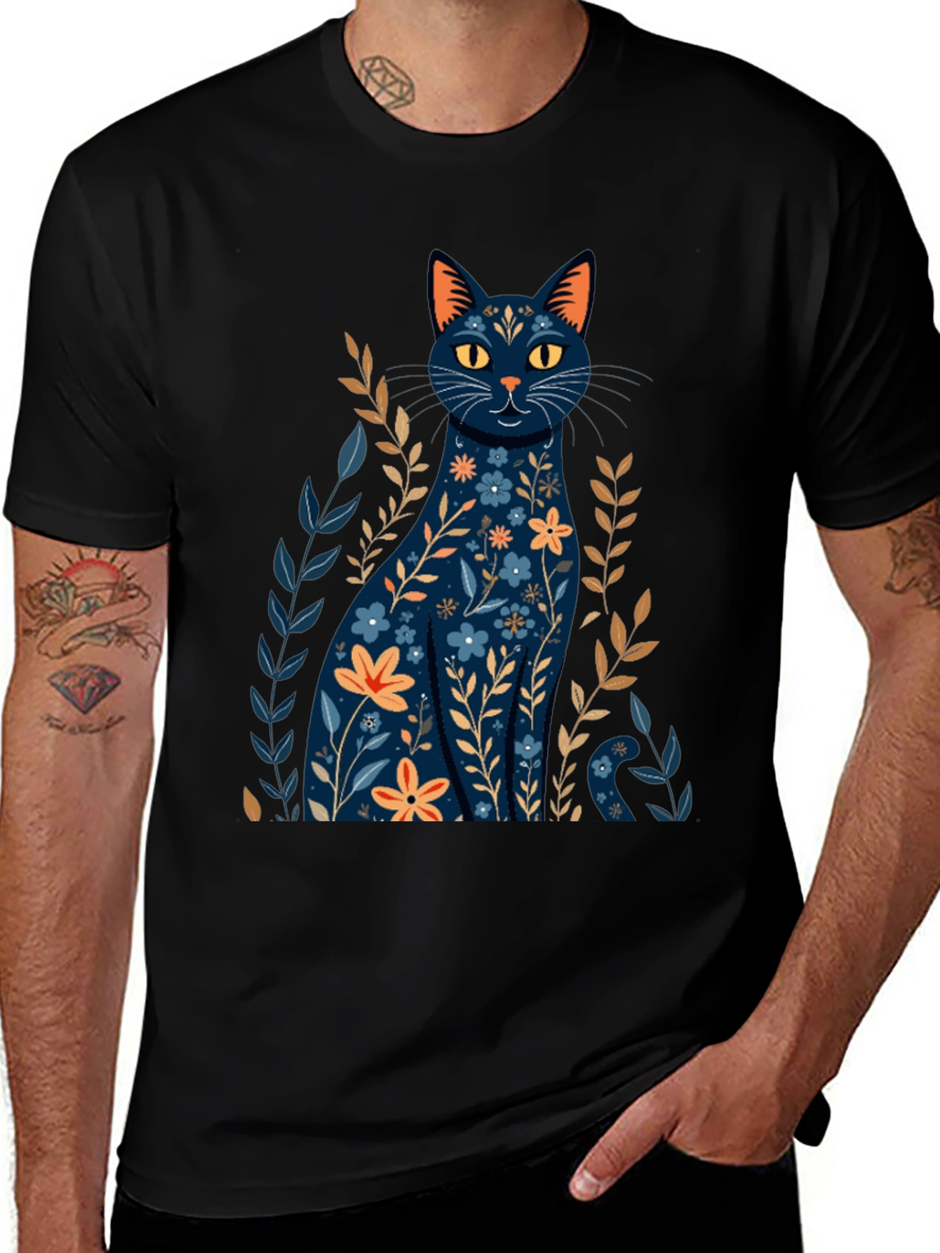 Variant 20 of Floral Cat Graphic T-Shirt - Stylish Black Tee