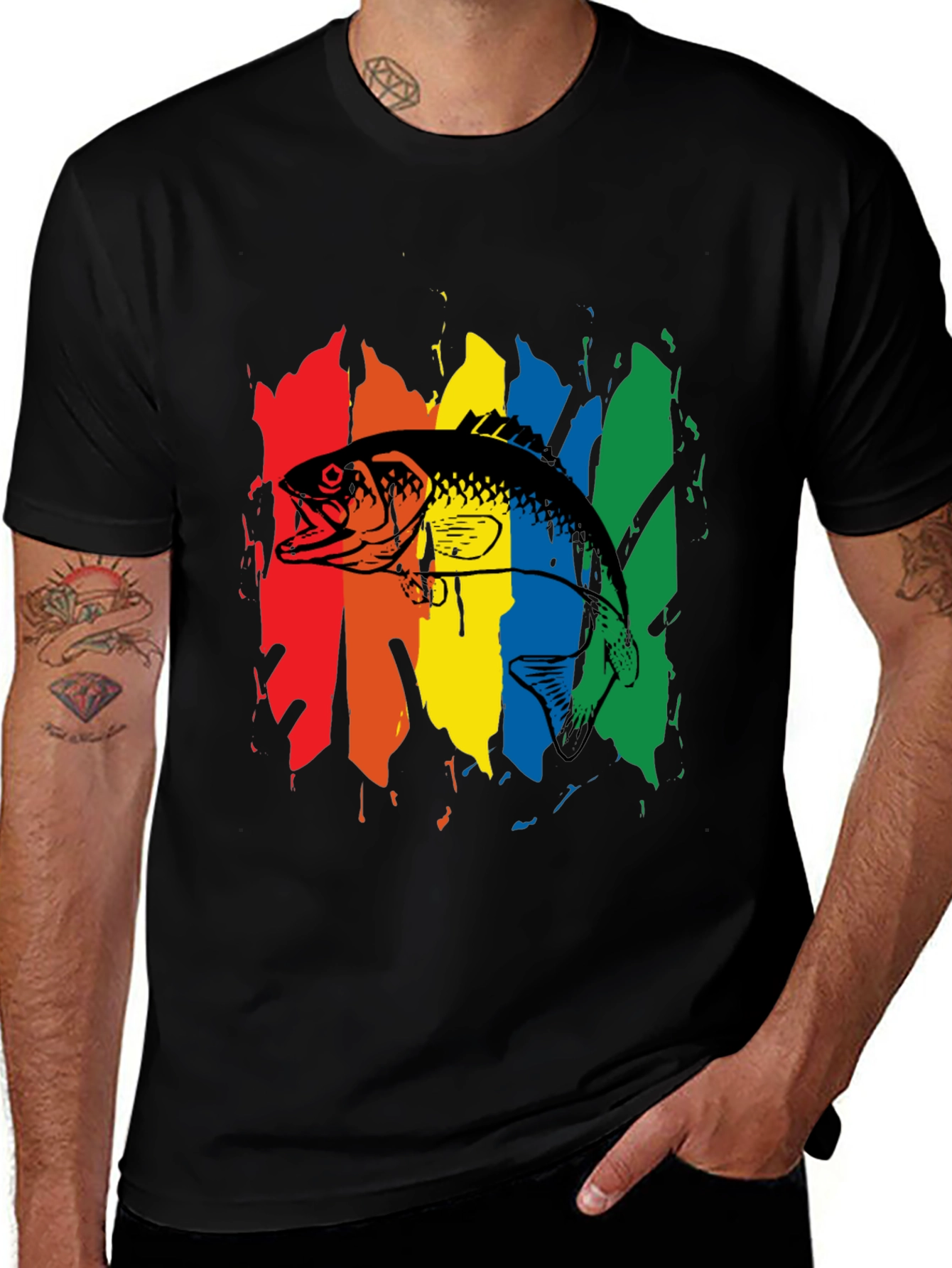 Variant 4 of Rainbow Fish Graphic Tee - Men's Black T-Shirt