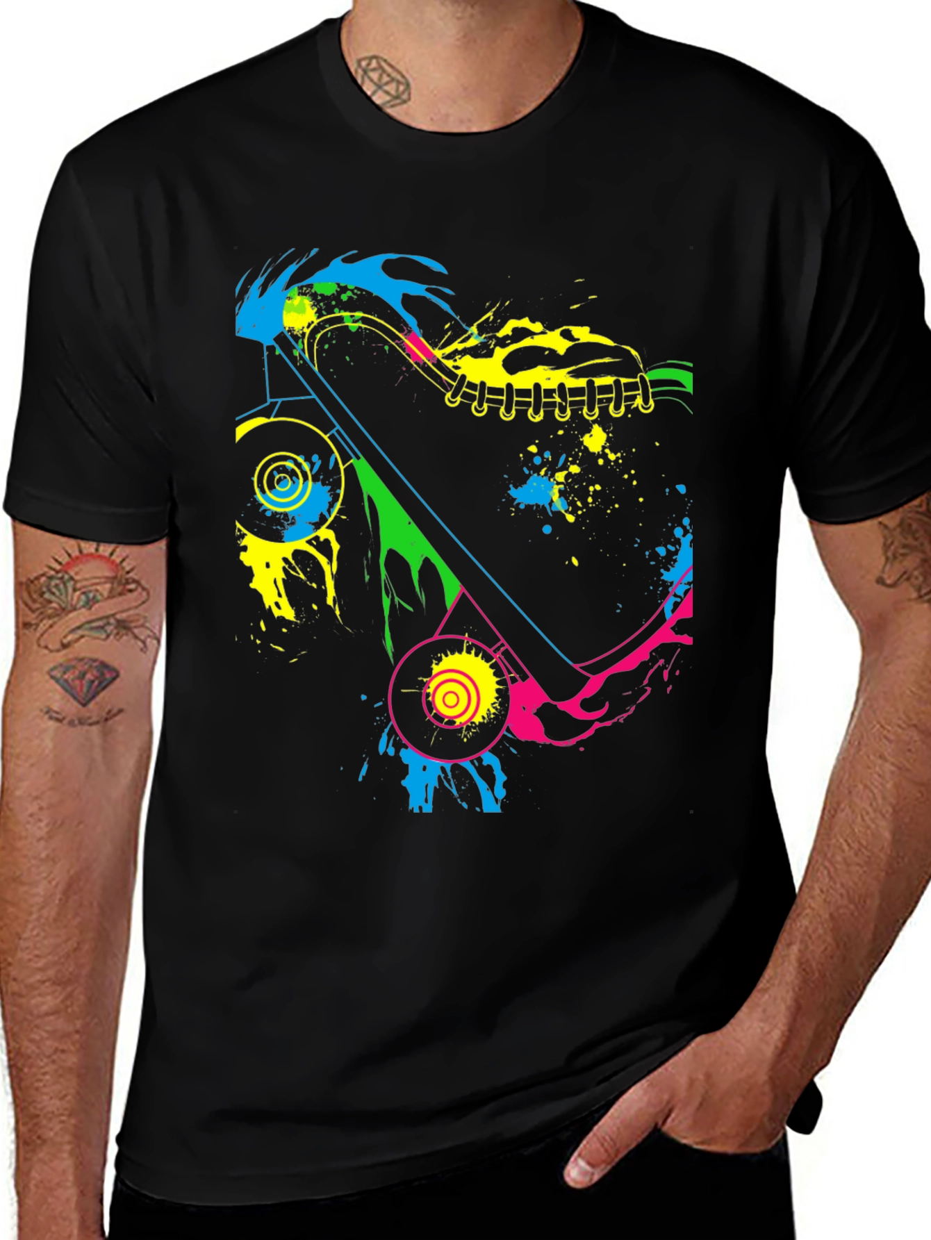 Variant 21 of Neon Skateboard Graphic Black T-Shirt