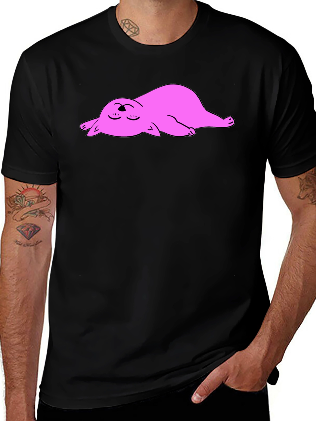 Variant 14 of Black T-Shirt with Sleeping Pink Cat Cartoon Graphic