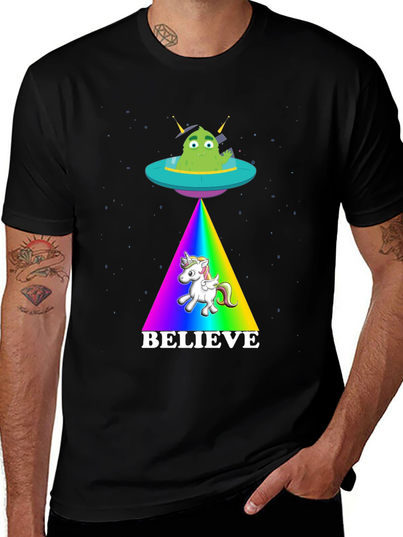 Variant 20 of Believe in Unicorns T-Shirt: Alien Abduction Rainbow Tee