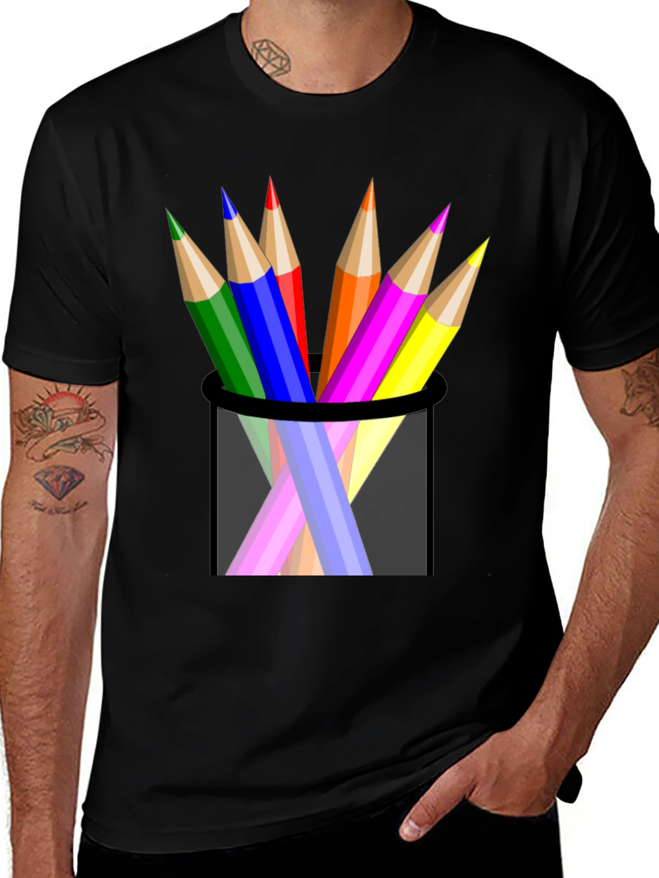 Colorful Pencils in Pocket Graphic Tee - Black