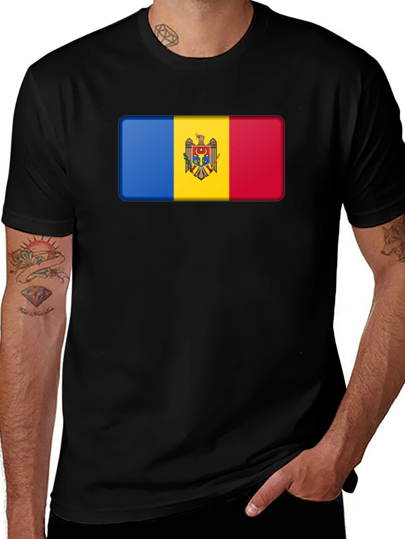 Variant 16 of Moldova Flag T-Shirt - Black Cotton Tee