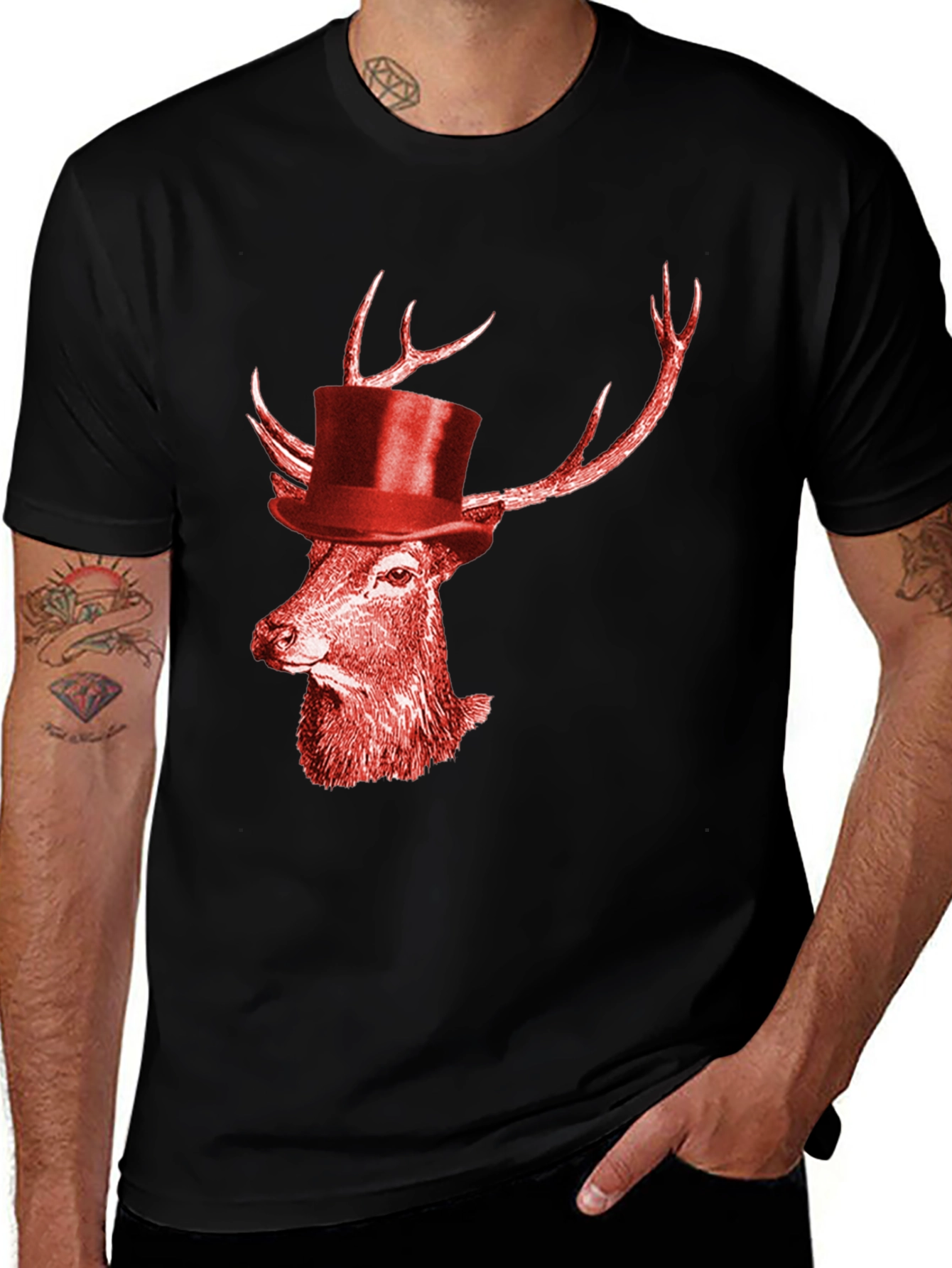 Variant 25 of Deer with Hat Graphic Tee - Men's Black T-Shirt