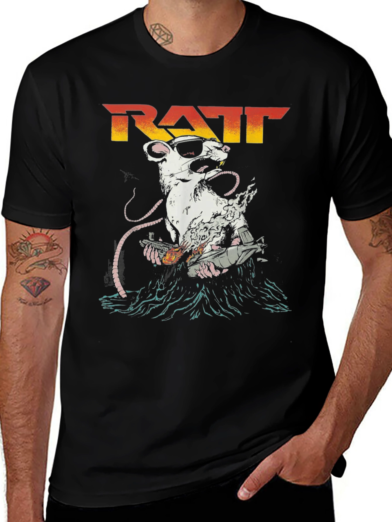 Variant 4 of RATT Band T-Shirt - Rat With Guns Black Tee