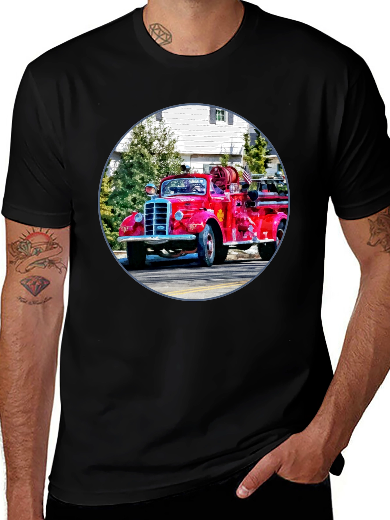 Black Vintage Fire Truck Graphic T-Shirt - Classic Design main image