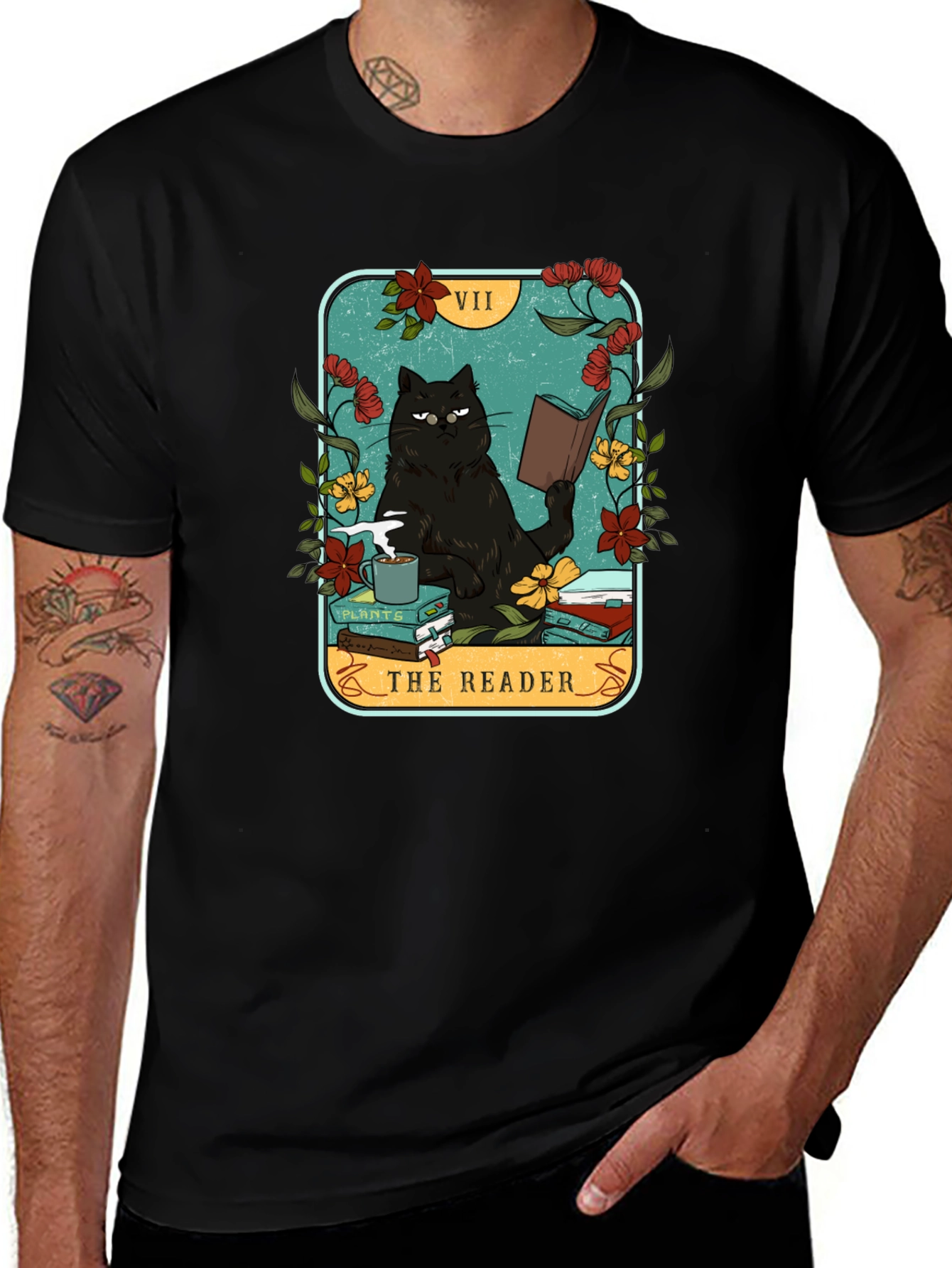 Variant 27 of The Reader Cat Tarot Card T-Shirt - Black Cotton Tee
