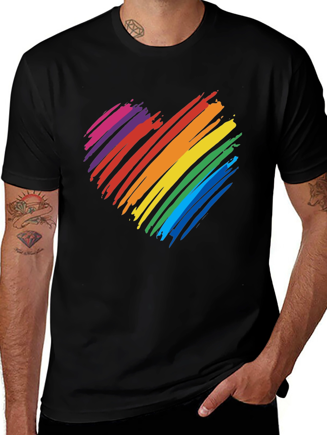 Variant 12 of Rainbow Heart Graphic T-Shirt - Black Cotton Blend
