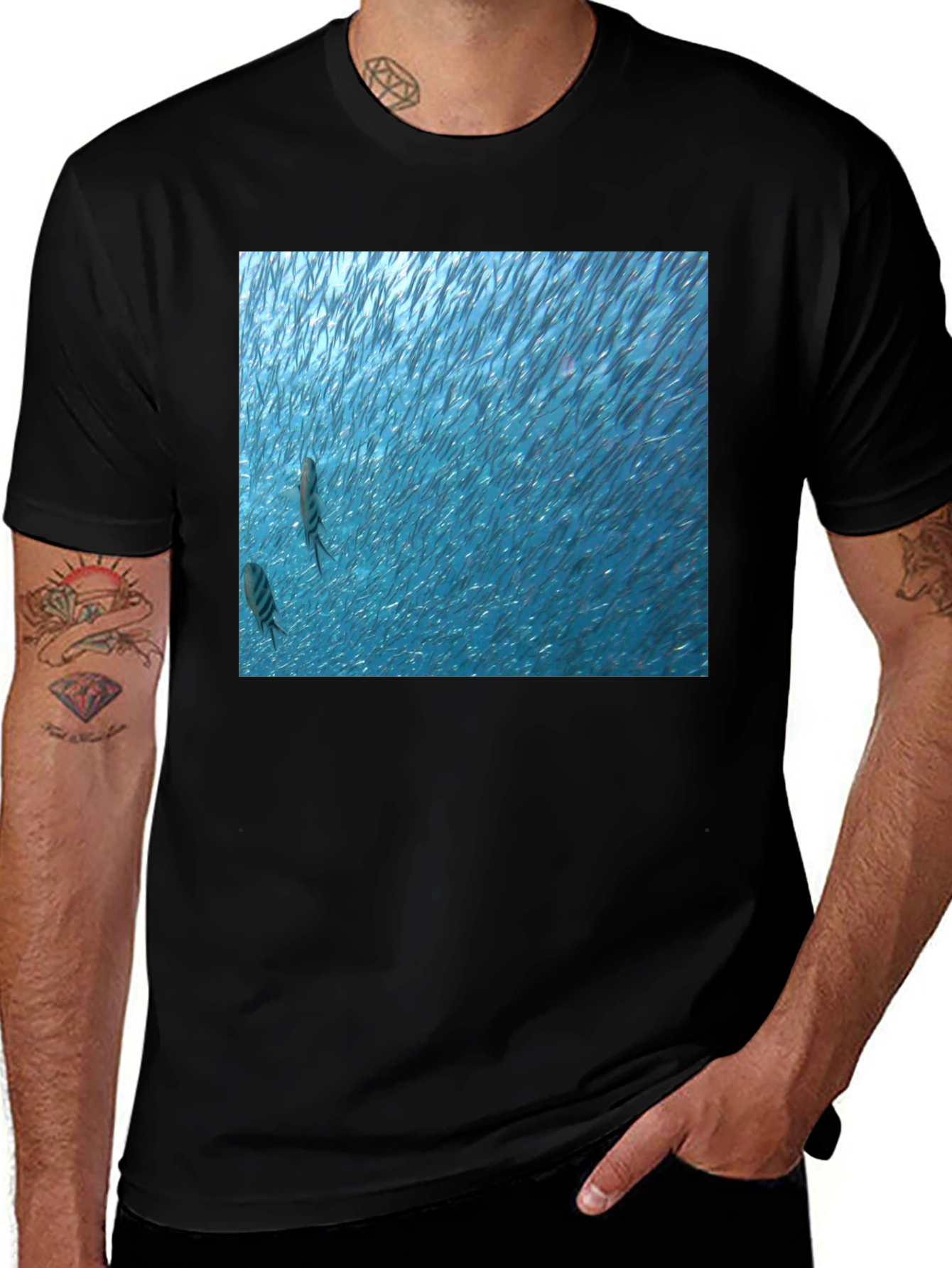 Variant 3 of Ocean Fish Graphic Print Black Tee